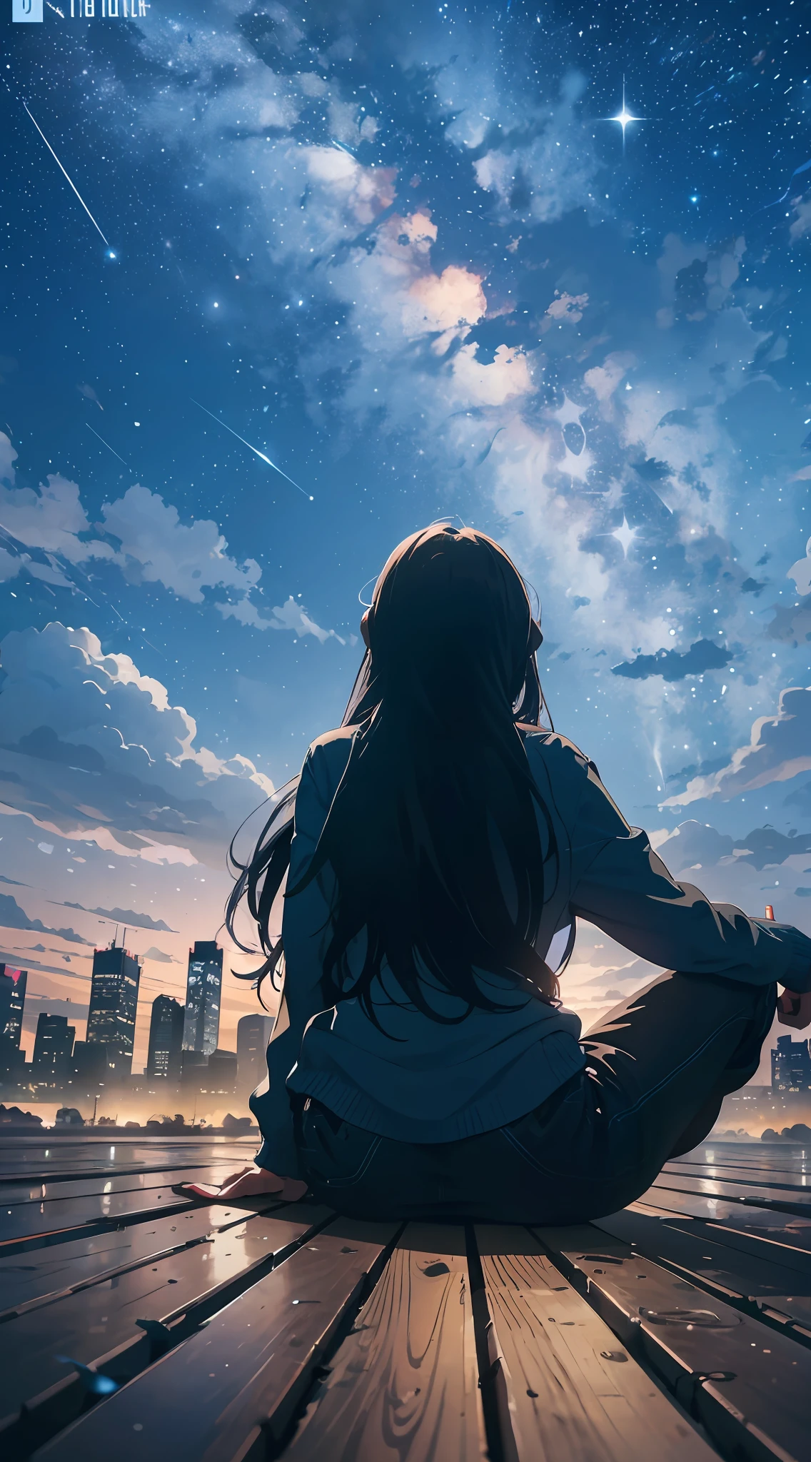 octans, sky, star (sky), scenery, starry sky, night, 1girl, night sky, solo, outdoors, building, cloud, milky way, sitting, tree, long hair, city, silhouette, cityscape