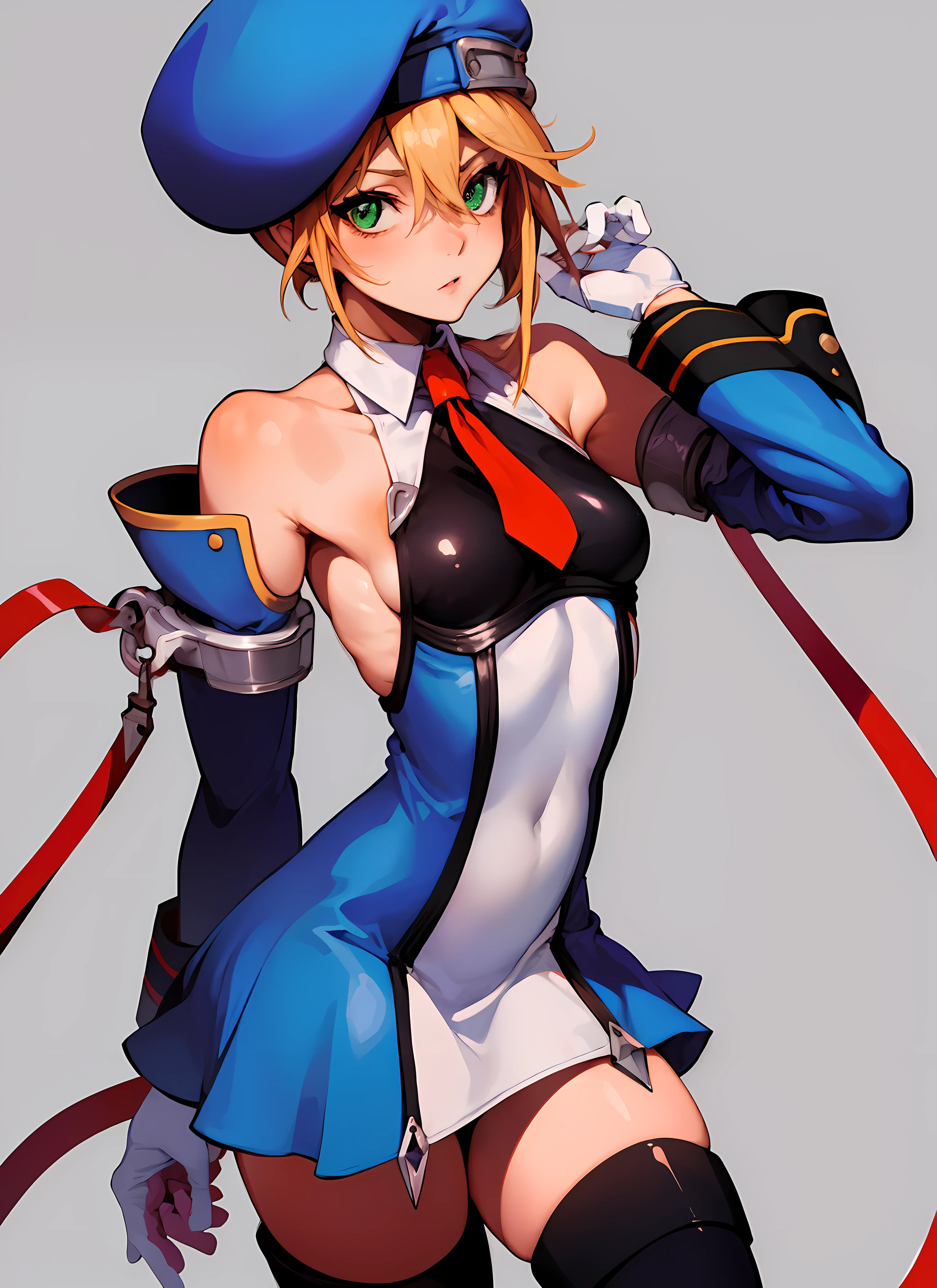 (masterpiece, best quality, high resolution),cowboy shot, 1girl, noelms, thighhighs, hat, boots, beret, necktie, detached sleeves, short hair, black thighhighs, ribbon, gloves, dress, zettai ryouiki, bare shoulders, short dress, hip sway, hips out