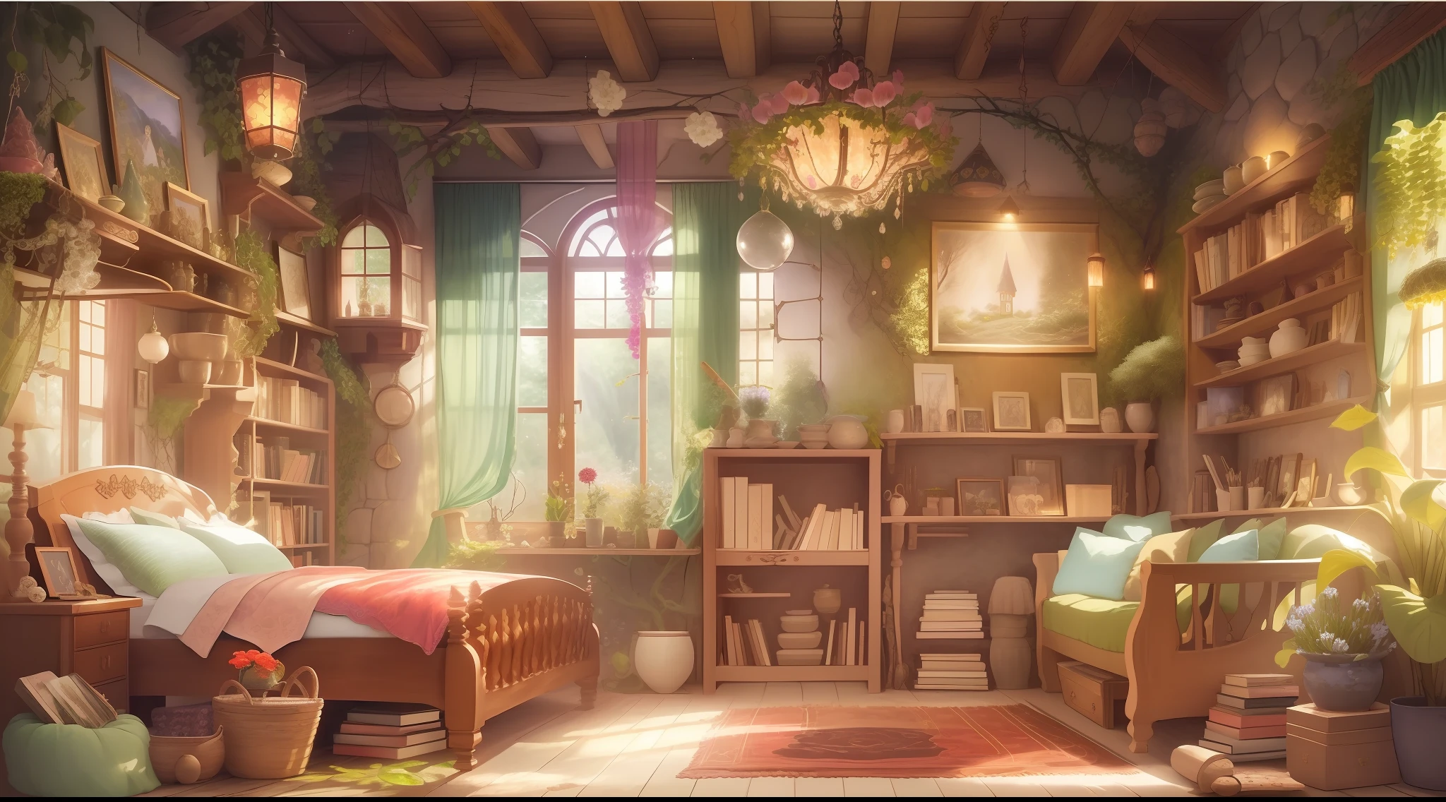 Inside the fairy house、In a fantasy space with dreams、living room、kitchin、The bedrooms blend together elegantly.。The interior of the house is made of wood and leaves,、Bright and warm atmosphere、Gently illuminated by dancing particles of light。
The living area has、A carpet of large petals in harmony with the soft floral scent covers the floor、It is a place to relax。The walls are decorated with sparkling crystals、Fantastic paintings decorate the room、There is a magical atmosphere in the air。A small window offers a view of the beautiful scenery of the magical forest.、Natural light fills the living room。
The kitchen area has、There are countertops and shelves made of natural stone.、It is full of magic ingredients and utensils with rich colors。Hidden magic recipes for fairies to lovingly cook。
The bedroom area is、a bed of large petals is placed in the center,、Warm light brings peace and dreams。There is a fantastic bookcase in one corner of the room.、Ancient magic books and fairy tales are laid out、Each has a great story
