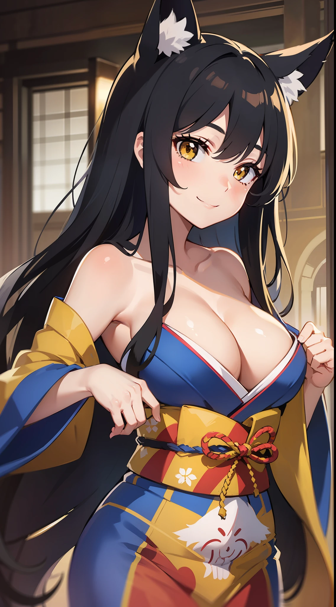 Young girl, long black hair, fox ears, yellow eyes, fox tails, open kimono, open shoulders, open chest, smile, Masterpiece, hiquality