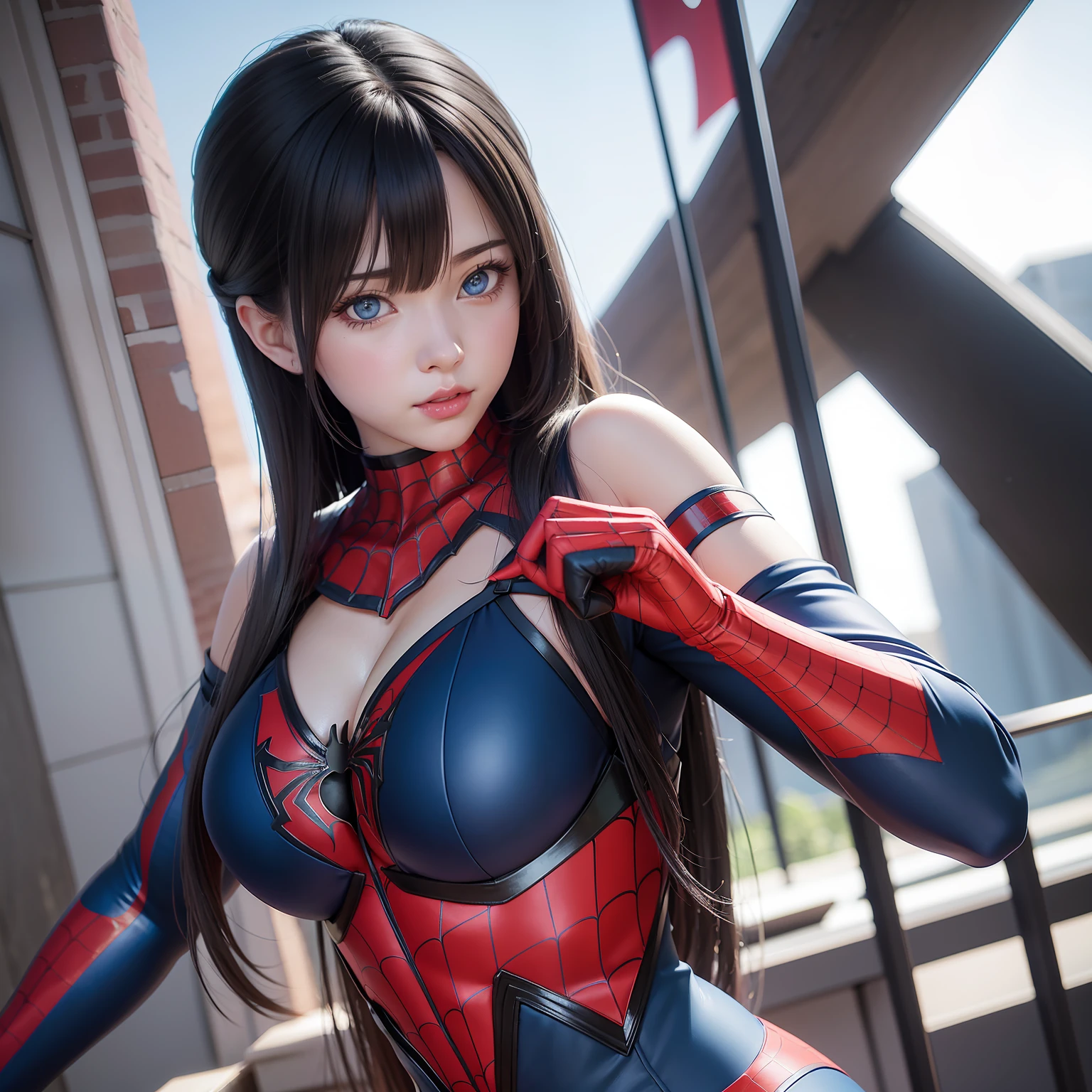 Anime girl in a spider-man suit with blue eyes and black hair, Seductive Anime Girl, Smooth Anime CG Art, Fine details. girls' frontline, photorealistic anime girl render, render of april, from girls frontline, render of a cute 3d anime girl, beautiful alluring anime woman, anime moe art style, She has a Spider-Man cosplay, very detailed Artgerm, azur lane style