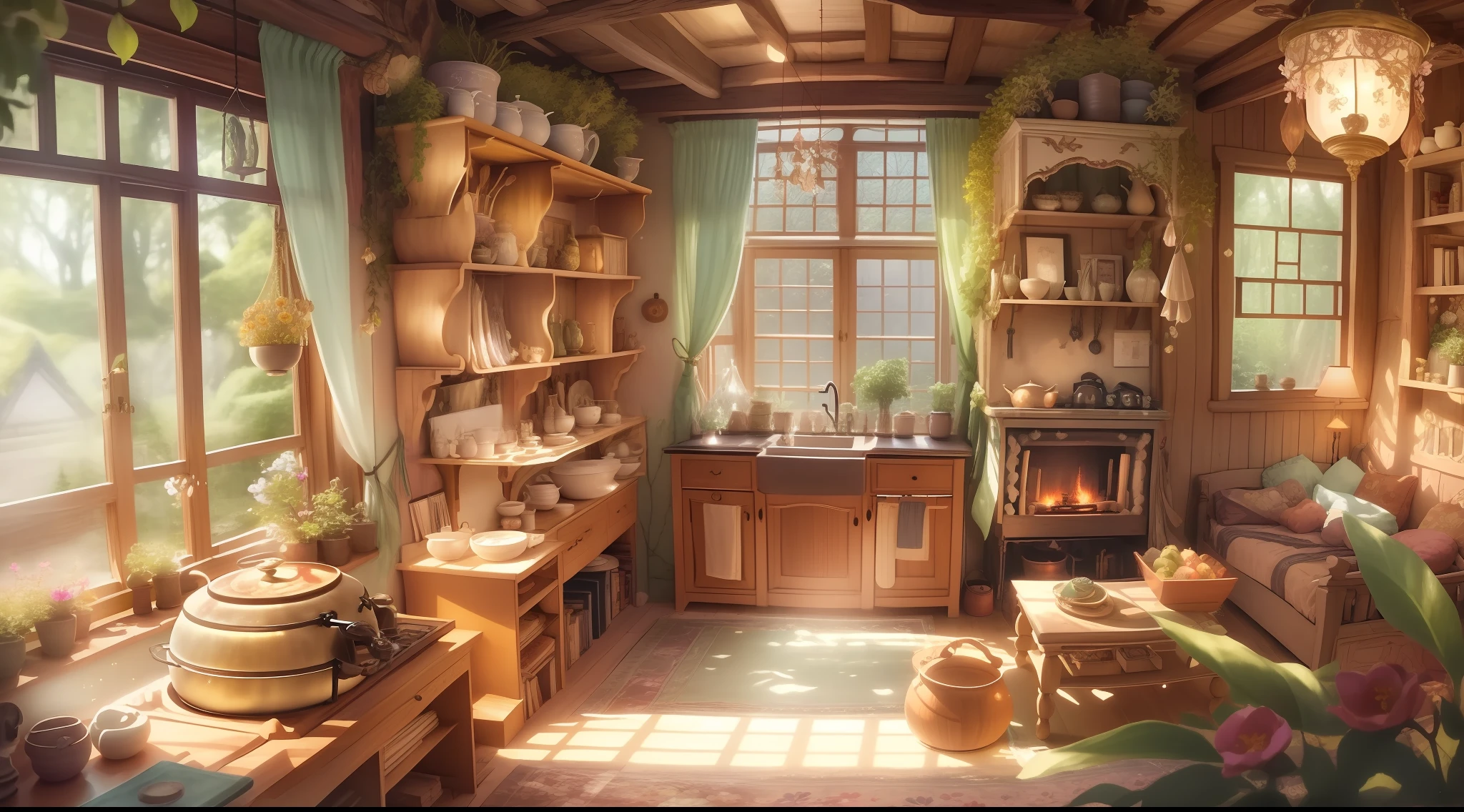 Inside the fairy house、In a fantasy space with dreams、living room、kitchin、The bedrooms blend together elegantly.。The interior of the house is made of wood and leaves,、Bright and warm atmosphere、Gently illuminated by dancing particles of light。
The living area has、A carpet of large petals in harmony with the soft floral scent covers the floor、It is a place to relax。The walls are decorated with sparkling crystals、Fantastic paintings decorate the room、There is a magical atmosphere in the air。A small window offers a view of the beautiful scenery of the magical forest.、Natural light fills the living room。
The kitchen area has、There are countertops and shelves made of natural stone.、It is full of magic ingredients and utensils with rich colors。Hidden magic recipes for fairies to lovingly cook。
The bedroom area is、a bed of large petals is placed in the center,、Warm light brings peace and dreams。There is a fantastic bookcase in one corner of the room.、Ancient magic books and fairy tales are laid out、Each has a great story