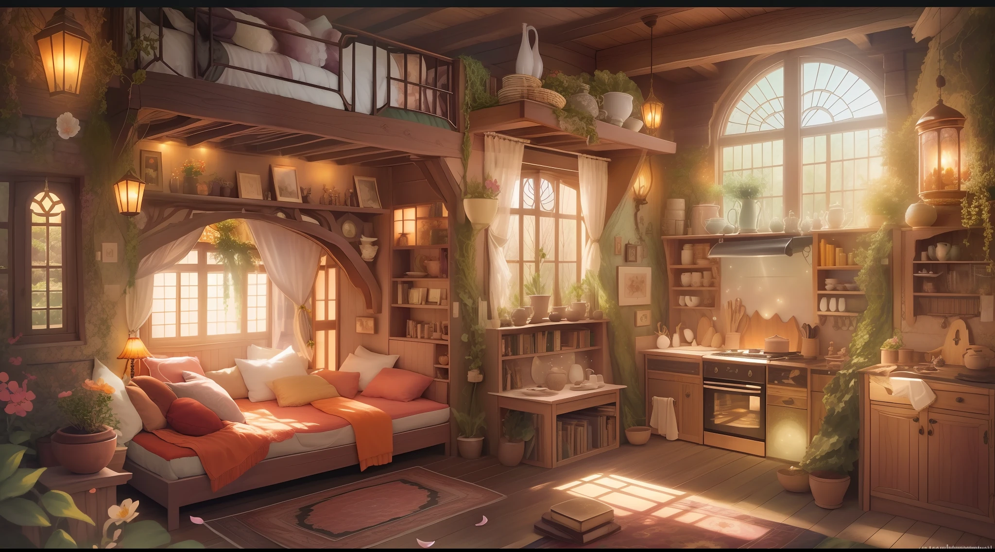 Inside the fairy house、In a fantasy space with dreams、living room、kitchin、The bedrooms blend together elegantly.。The interior of the house is made of wood and leaves,、Bright and warm atmosphere、Gently illuminated by dancing particles of light。
The living area has、A carpet of large petals in harmony with the soft floral scent covers the floor、It is a place to relax。The walls are decorated with sparkling crystals、Fantastic paintings decorate the room、There is a magical atmosphere in the air。A small window offers a view of the beautiful scenery of the magical forest.、Natural light fills the living room。
The kitchen area has、There are countertops and shelves made of natural stone.、It is full of magic ingredients and utensils with rich colors。Hidden magic recipes for fairies to lovingly cook。
The bedroom area is、a bed of large petals is placed in the center,、Warm light brings peace and dreams。There is a fantastic bookcase in one corner of the room.、Ancient magic books and fairy tales are laid out、Each has a great story