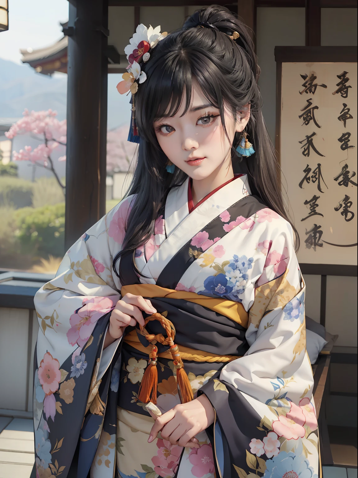 Mature girl、A Japanese Lady、Long Black Hair、Do not tie your hair back、No ponytail、A slight smile、Black-haired、Colorful Japan kimono、Nishijin Ori、Delicate and smart eyes、Japanese houses、intricate damask hanfu、Luxury accessories、FOV、F1.8、​masterpiece、complex scenes、Diagonal portrait shot、