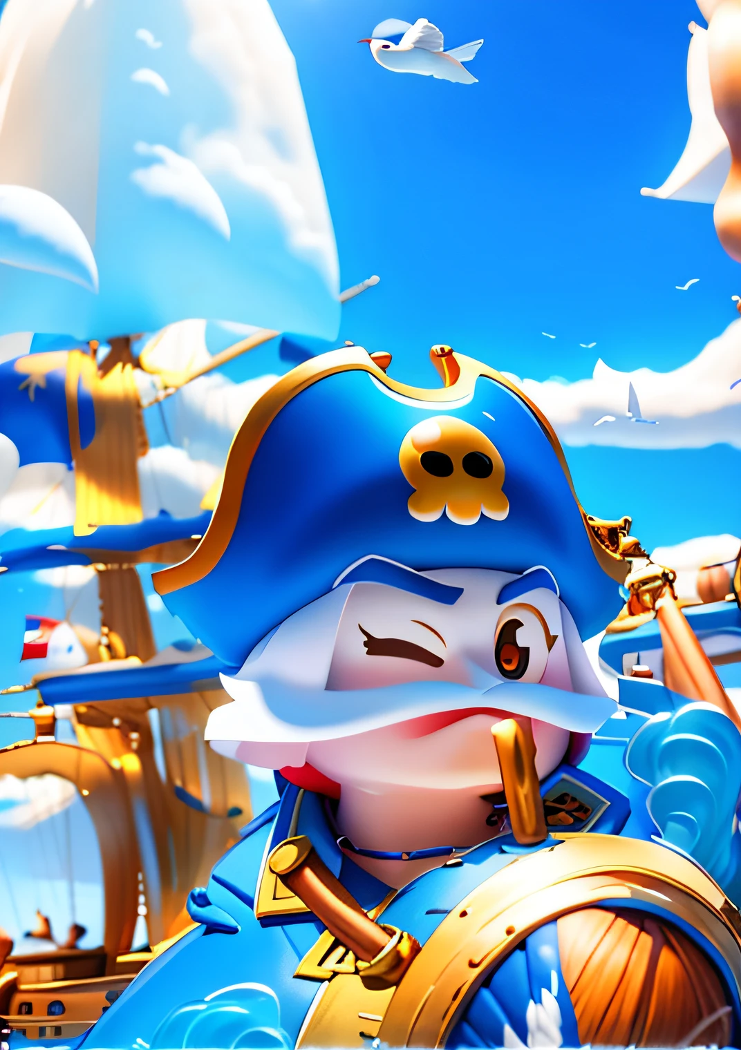 pirate ships,a pirate, Great white goose,with blue sky and white clouds,Have fun