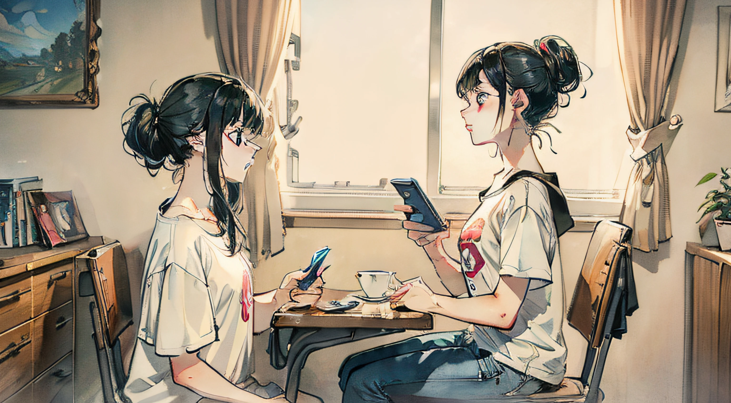 Masterpiece, top quality, very delicate and beautiful girl, very delicate and beautiful, super definition, top quality, black hair, high resolution, very elaborate, illustration, impasto, realism, realistic, college student, 1 woman, women's room, (calling on a smartphone), white t-shirt, jeans, modern college girl room, windowsill, sitting on a chair, sad face, profile, hair up to the wavy one
