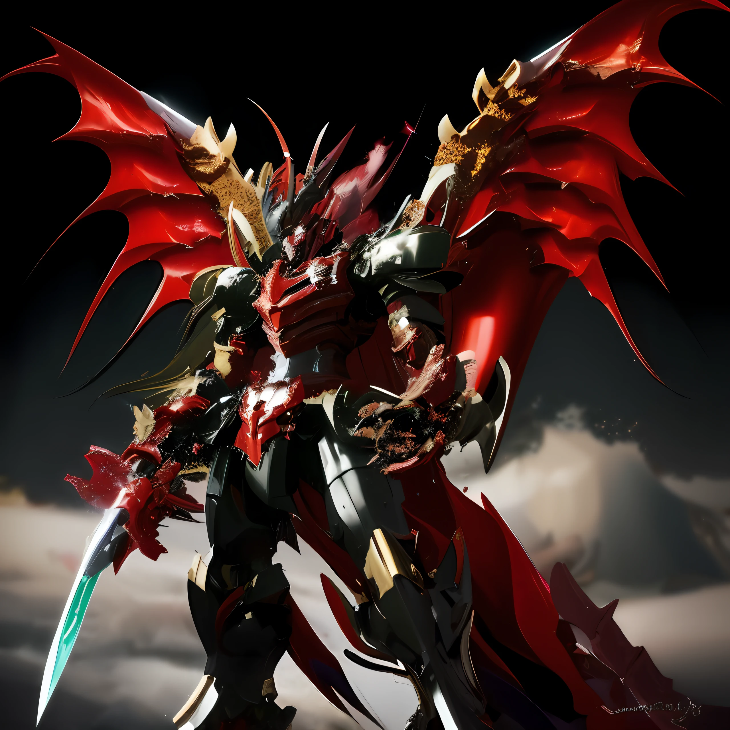 Close-up of the red and black dragon holding a sword, Dragon Knight, gurenn lagann, dragon cyborg, draconic looking armor, Dragon armor, high fantasy kamen rider, demonic dragon inspired armor, with robot dragon head, getter robo, dragon ancient full plate armor, super robot wars, portrait of dragoon, Red demon armor