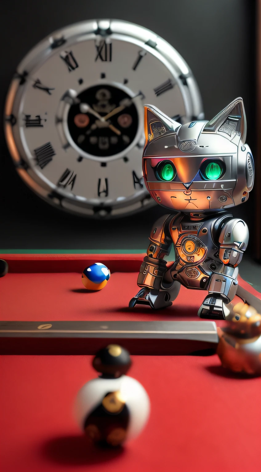 a cute kitten made of metal、((Real Face))、Pose to play billiards、((The face is a real kitten cyborg:1.1)）、((The face is a real cute kitten cyborg:1.1)）、((The face is a real kitten robot:1.1)）、（The torso is a cyborg）、(The torso is a robot)、True Face、Pocket watch on chest、([tail | Detailed wire]:1.3)、(intricate-detail)、nffsw、(intricate-detail、ultra-detailliert:1.2)、Cinematic shots、vignettes、central、The background is a billiard hall