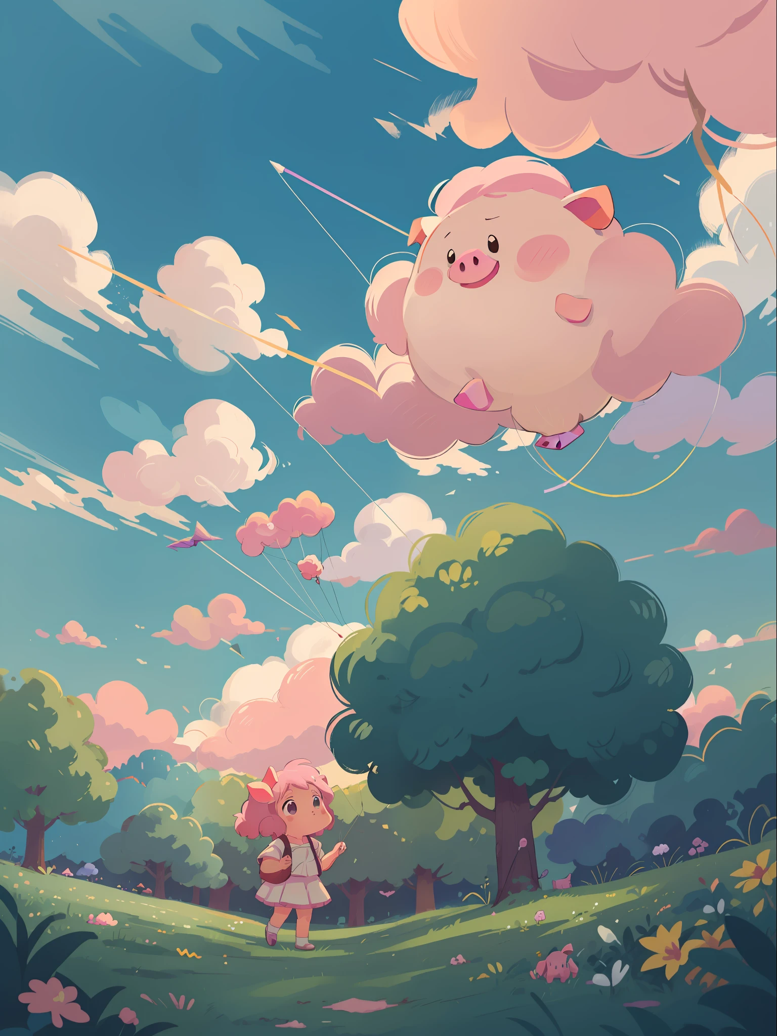cartoon pig playing a kite in a field with clouds and trees, fluffy pink anime clouds, cotton candy clouds, background art, dreamy psychedelic anime, fancy clouds, fluffy pastel clouds, anime clouds, colorful clouds, rainbow sheep like cotton candy, anime background, lofi art, anime yuru camp, beautifull puffy clouds. anime, dreamy clouds, fantasy puffy sky