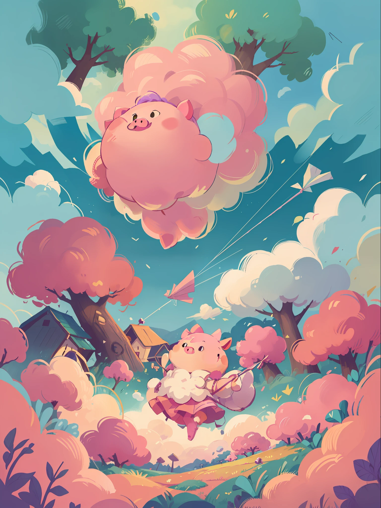 cartoon pig playing a kite in a field with clouds and trees, fluffy pink anime clouds, cotton candy clouds, background art, dreamy psychedelic anime, fancy clouds, fluffy pastel clouds, anime clouds, colorful clouds, rainbow sheep like cotton candy, anime background, lofi art, anime yuru camp, beautifull puffy clouds. anime, dreamy clouds, fantasy puffy sky
