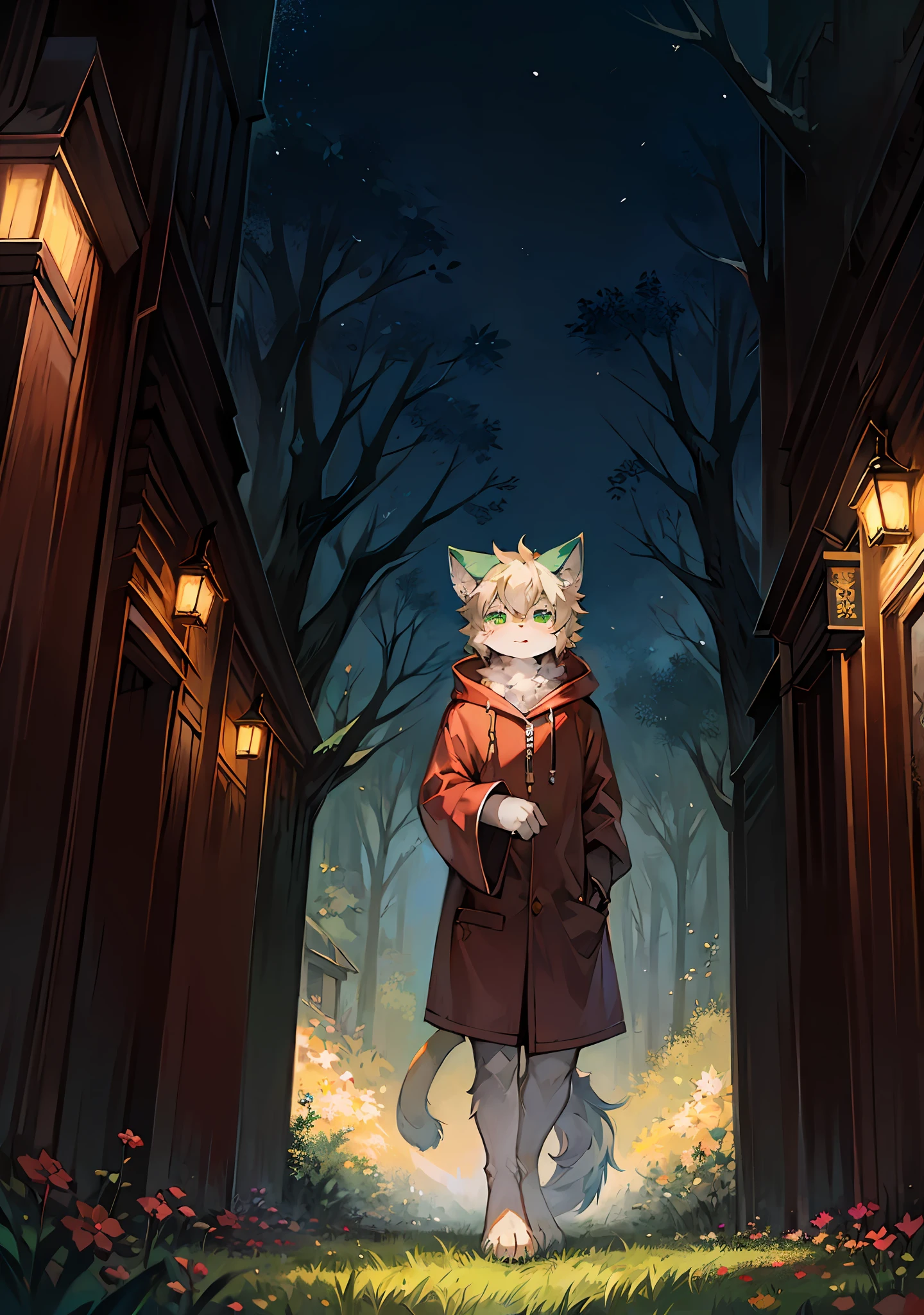 Masterpiece,High quality,abstract res,Digital painting\(artwork of a\), author:BrukkiGunar, Yupa,Kiyosan,(anthro,Fluffy fur,Character focus:1.1),anthro male cat,Portrait , eyes with brightness, in a panoramic view, Character focus.(detailedbackground:0.7), 独奏, shaggy, shaggy male, Majesty,apathy,Handsome,malefocus, Robust,Strong anthrax(Full Body Furry, It has a fluffy tail,With a green pattern, White fur, Dark green eyes), (Long felines、moth、White feathers、Dark green ears、Beige tail、Green pattern、Beige hair、Manteau:1.2),(External、In the daytime、Dense grass、Low tree、clear skies、grassy fields)