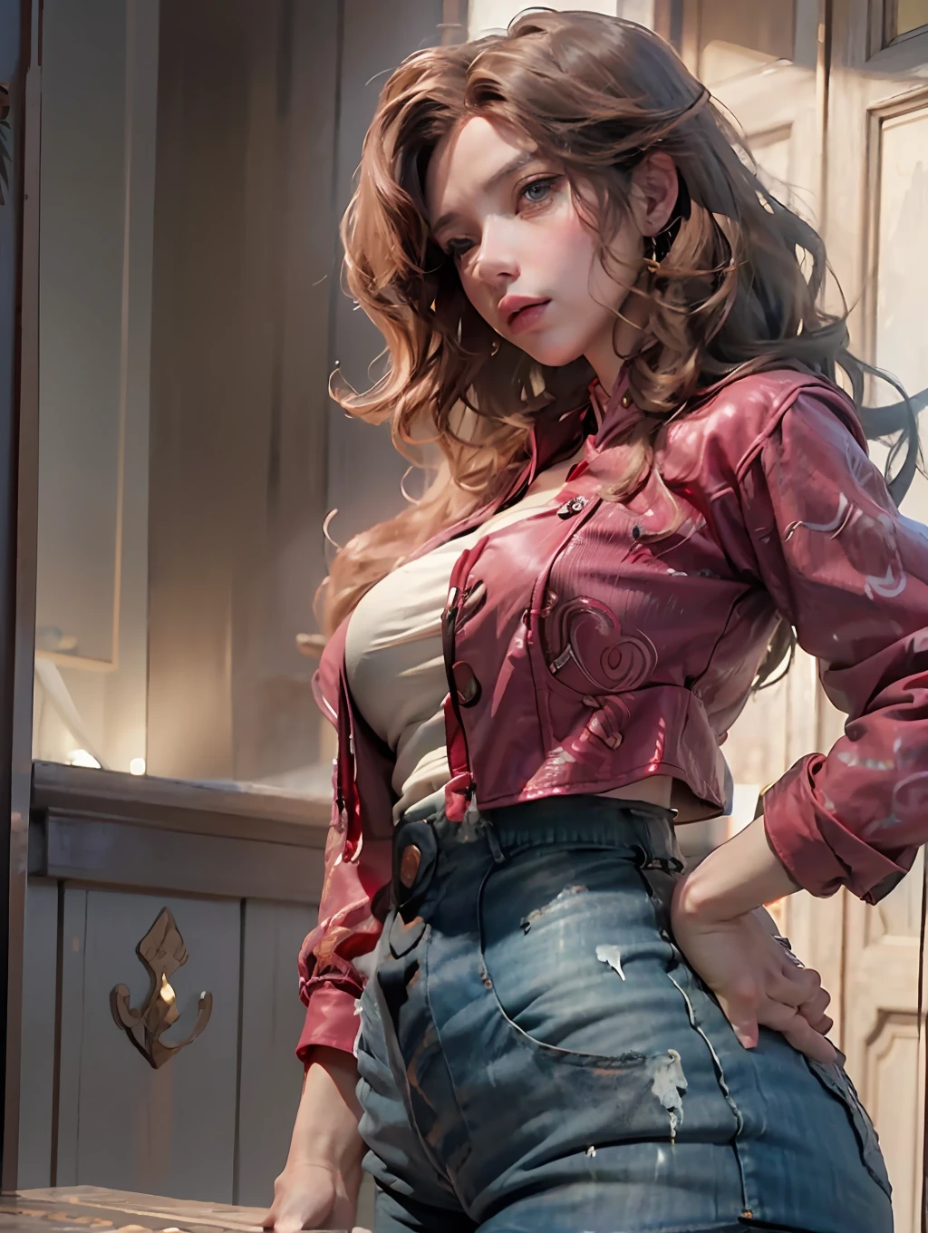 photo of (Scarlet johansson), RAW, beautiful woman, (long brown, wavy hair), Front pose , sexy figure, (masterpiece) (perfect proportion)(realistic photo)(best quality) (detailed) (8k) (HDR) (wallpaper) (cinematic lighting) (sharp focus) (intricate) aerith Gainsborough, pink dress, red denim crop jacket, view from front , attractive eyes