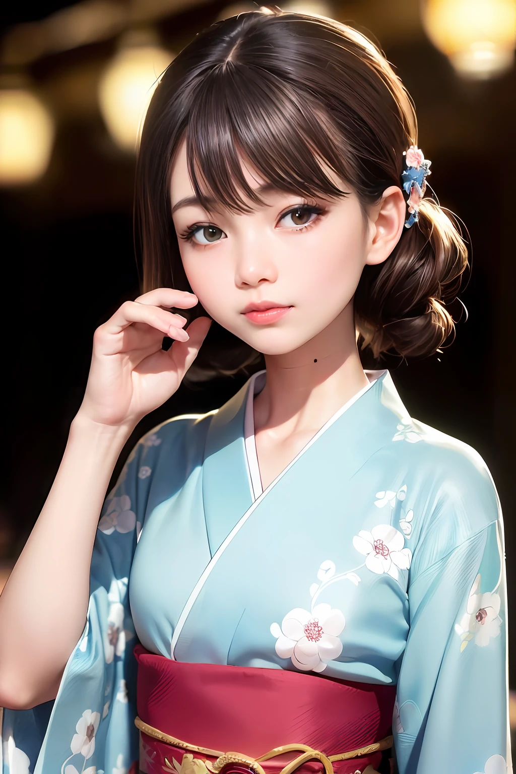 Are sleeping、nap、(Sleeping with your eyes closed)、(4In K、masterpiece、hight resolution、Realistic and beautiful light and shadow、One girl、Solo Focus、(top-quality)、(Hi-Res)、(extremely delicate and beautiful)、(Beautiful 8k face)、(Brown-eyed)、(I close my eyes while smiling.)、(独奏)、(Clear skin)、(Soft hair)、(hugetits)、(Floral kimono wearing white, red and blue yukata)、((Awa Odori Pose))、((Bokeh lantern light night background))、((speedo))、(reality)、Undersized nose、(red lipsticks)、(Reddening cheeks)、poneyTail、(Lustrous skin)、((Ukiyo-e style))、Ultra-thin eyebrows、Ultra high image quality、(Wearing maiko-style makeup)、skin whitening、long and beautiful lashes、Turning around in the style of a Kyoto magazine model、((s asleep))、hugetits、(Red-dyed cheeks)