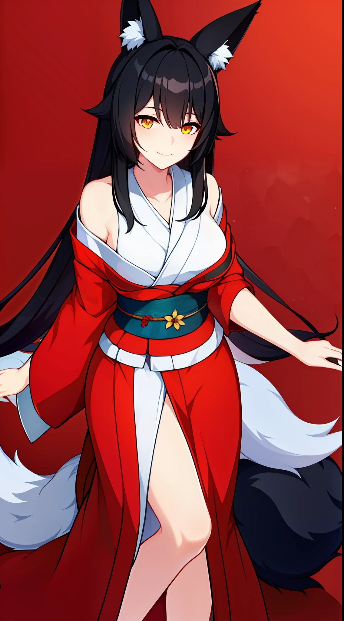 young girl, Long black hair, Fox ears, Yellow eyes, Fox tails, open kimono, open shoulders, open breasts, Smile, Masterpiece, hiquality