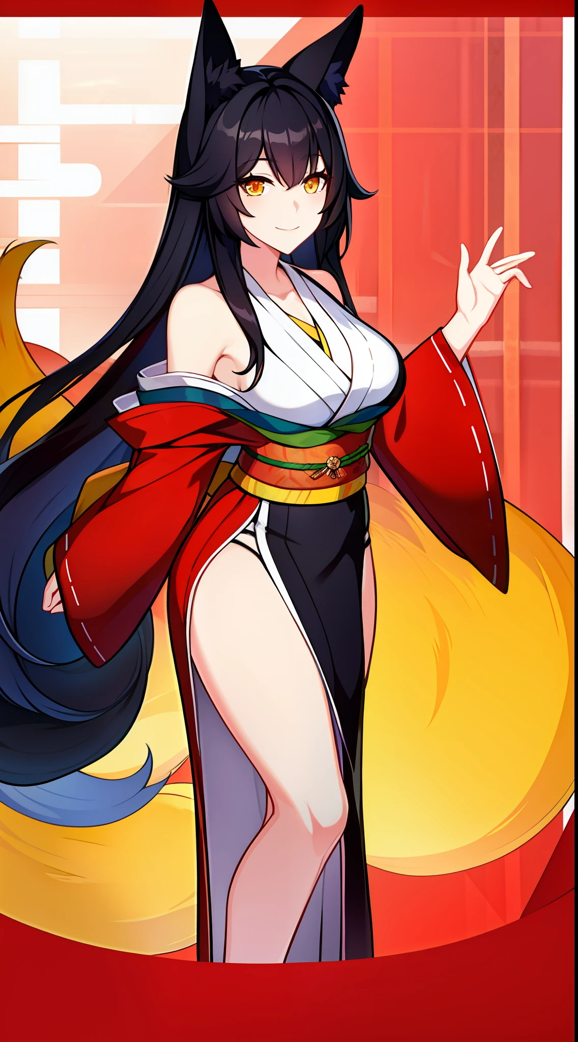 young girl, Long black hair, Fox ears, Yellow eyes, Fox tails, open kimono, open shoulders, open breasts, Smile, Masterpiece, hiquality