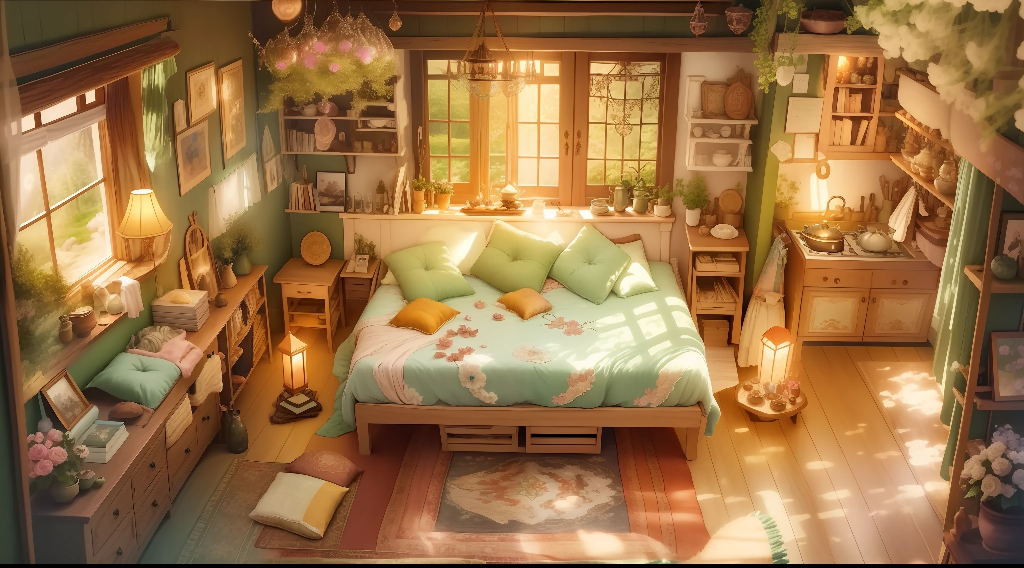 Inside the fairy house、In a fantasy space with dreams、living room、kitchin、The bedrooms blend together elegantly.。The interior of the house is made of wood and leaves,、Bright and warm atmosphere、Gently illuminated by dancing particles of light。The living area has、A carpet of large petals in harmony with the soft floral scent covers the floor、It is a place to relax。The walls are decorated with sparkling crystals、Fantastic paintings decorate the room、There is a magical atmosphere in the air。A small window offers a view of the beautiful scenery of the magical forest.、Natural light fills the living room。The kitchen area has、There are countertops and shelves made of natural stone.、It is full of magic ingredients and utensils with rich colors。Hidden magic recipes for fairies to lovingly cook。The bedroom area is、a bed of large petals is placed in the center,、Warm light brings peace and dreams。There is a fantastic bookcase in one corner of the room.、Ancient magic books and fairy tales are laid out、Each has a great story