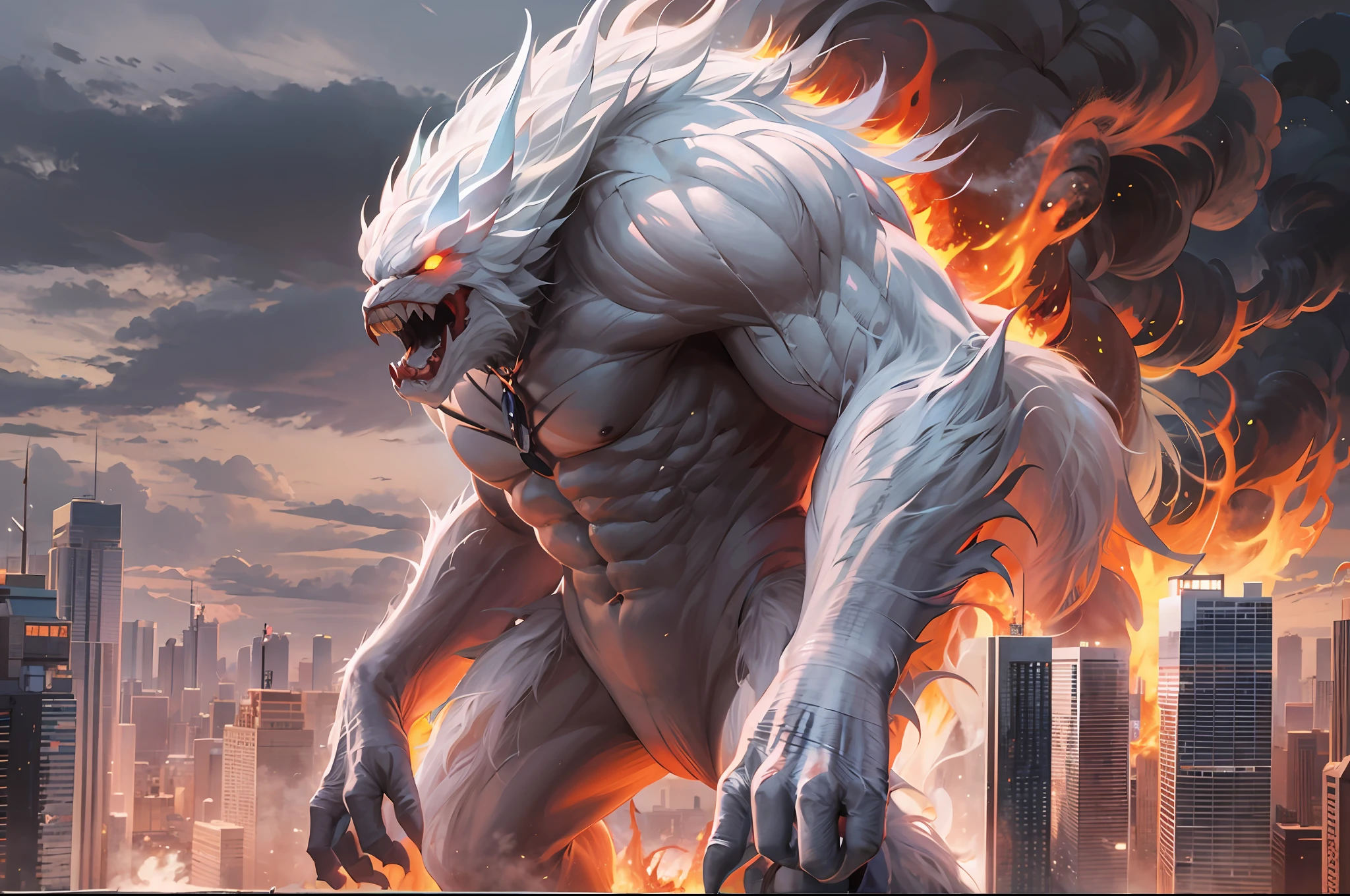 a giant white monster in front of a large fire filled city with tall buildings and a sky scraper in the foreground, promotional image, Baiōken Eishun, neo-expressionism, a matte painting,pastel colour,hight contrast,(Natural skin texture,ultra-realistic realism,the soft light,Sharp)