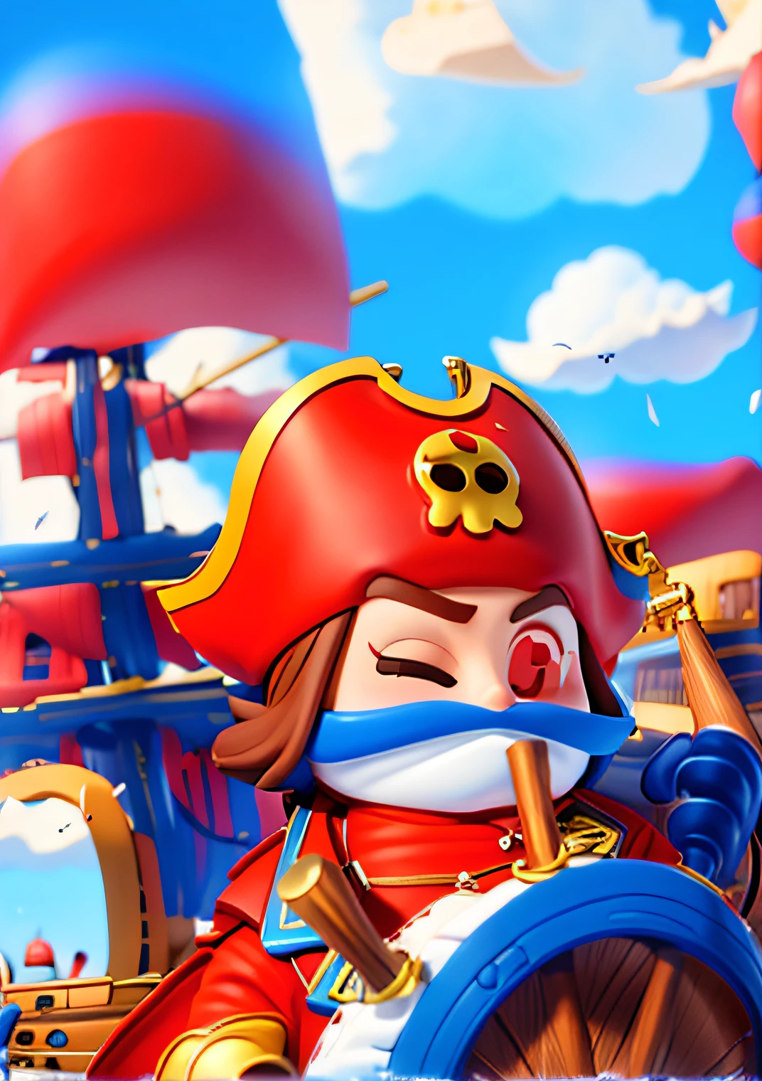 A pirate pilots a pirate ship，pirate ships，a pirate，Swirl black hat，brown  hair，Red clothes，with blue sky and white clouds，having fun，Sail，Oars