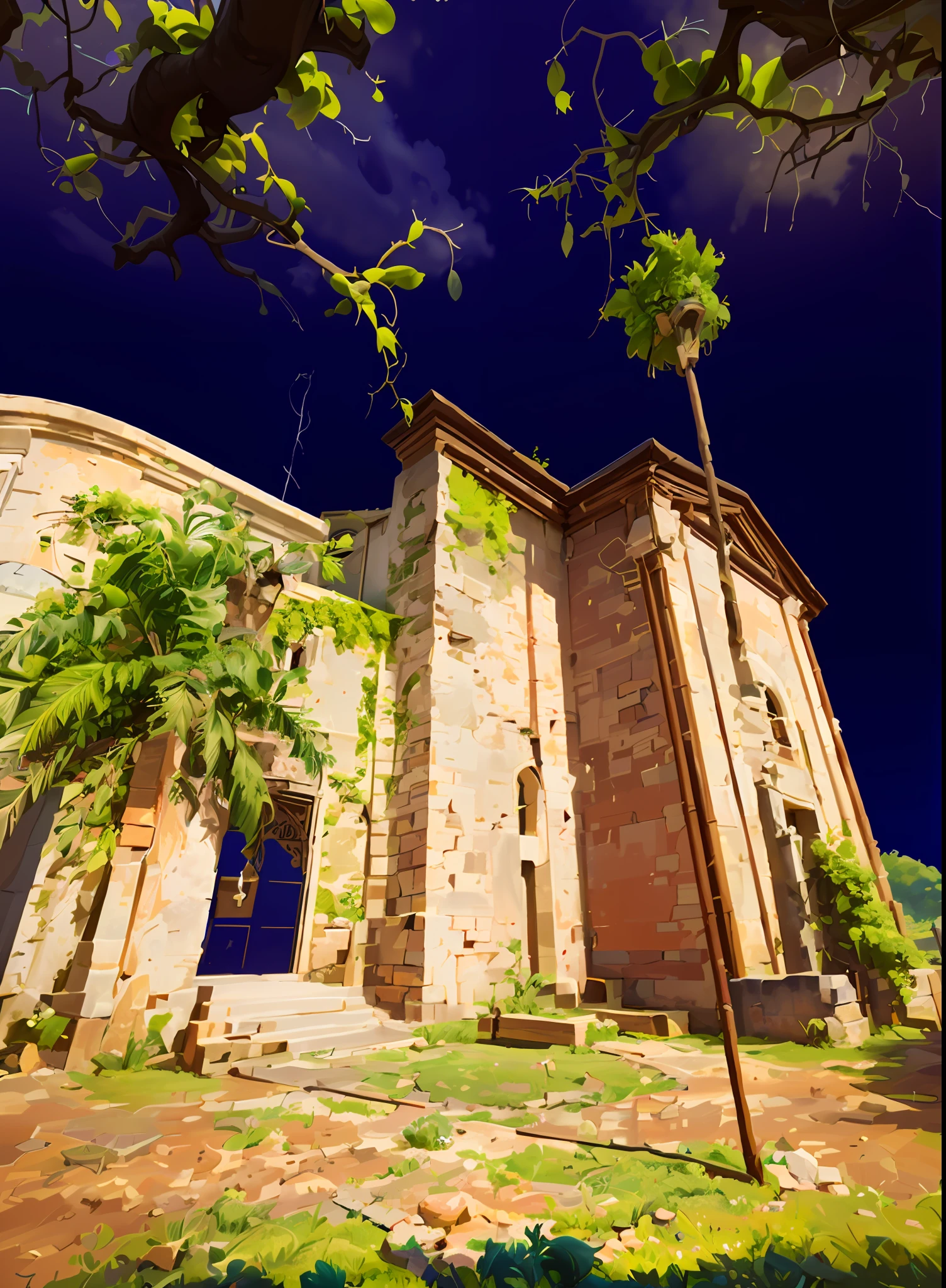 Castillo medieval en ruinas oculto por enredaderas y vegetacion