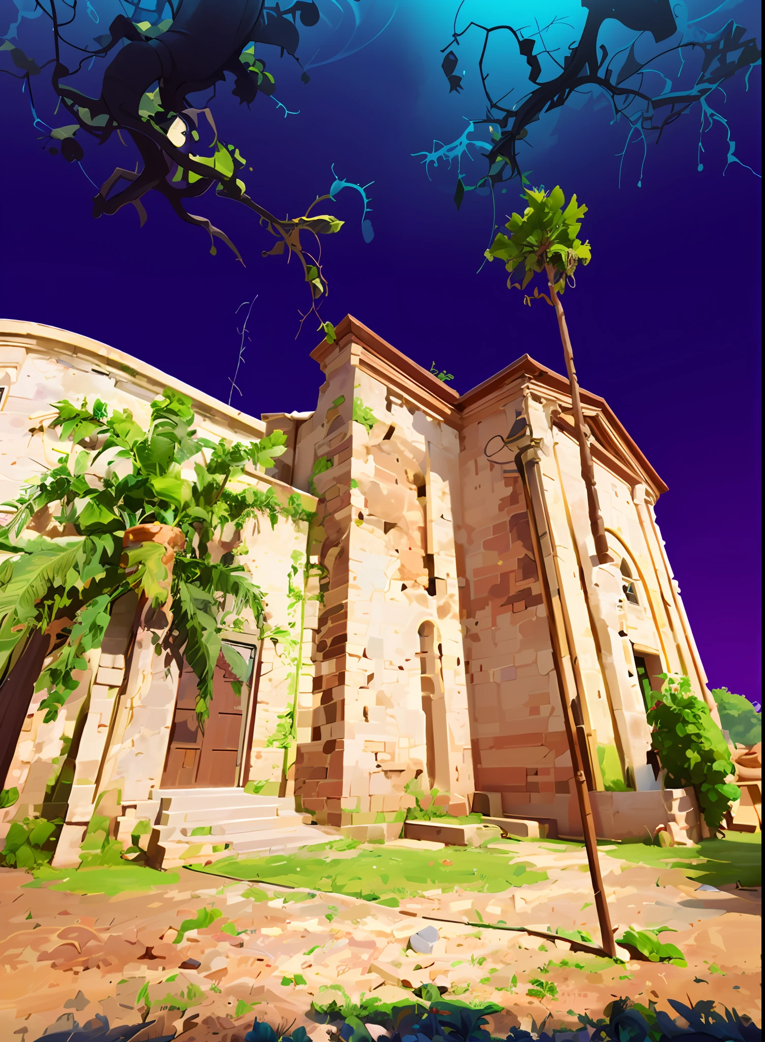 Castillo medieval en ruinas oculto por enredaderas y vegetacion