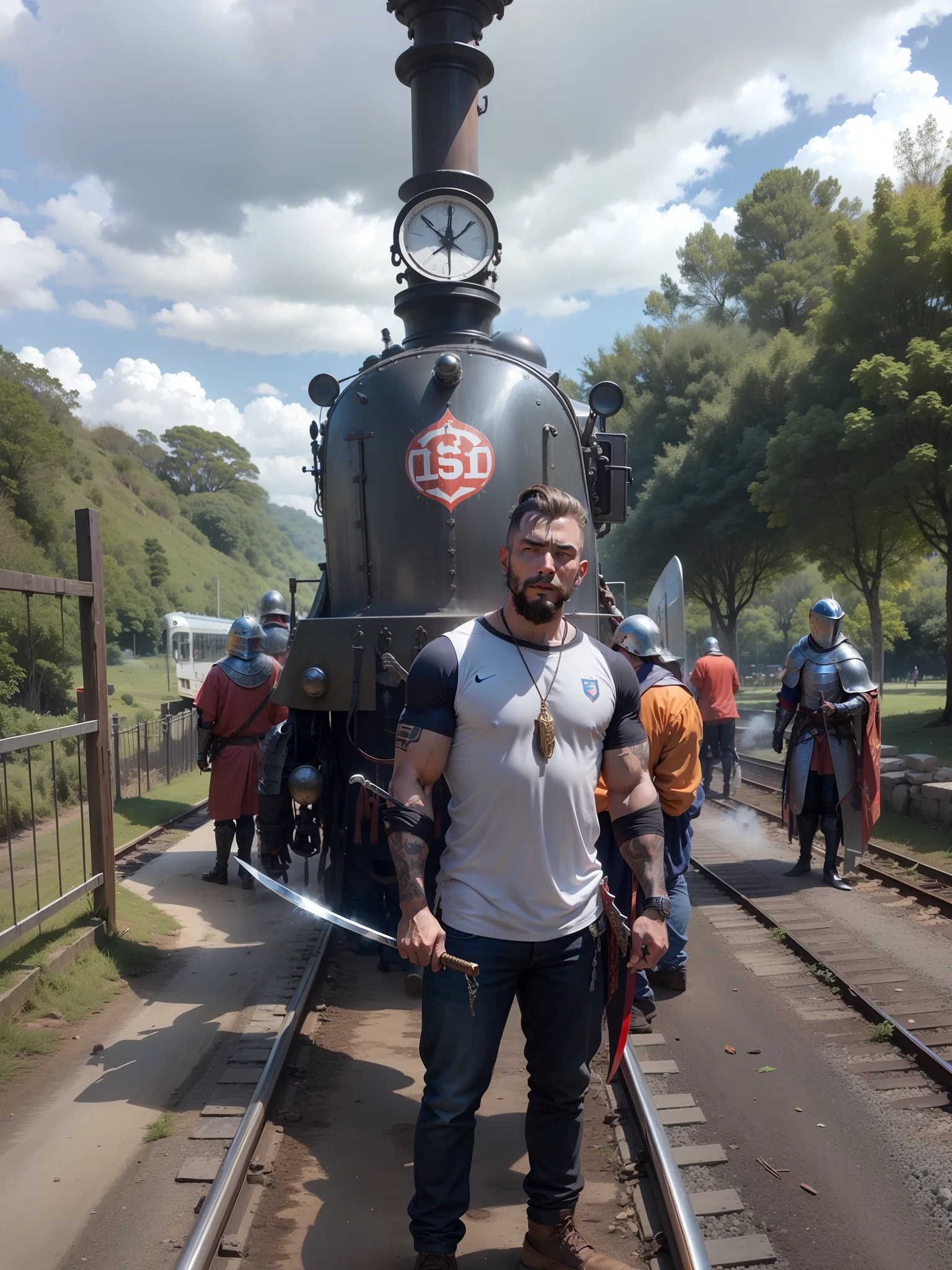 Guerreiro larino americano cabelos longos, pele escura, Swords in the hands, armadura medieval, Train Maria Background smoke
