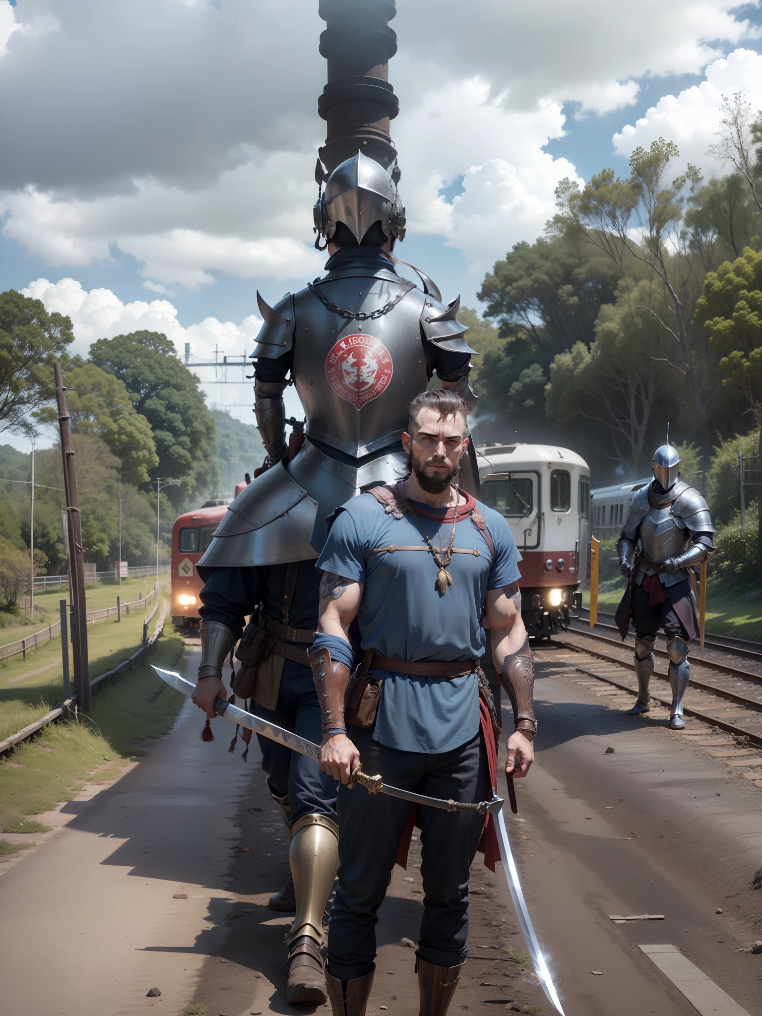Guerreiro larino americano cabelos longos, pele escura, Swords in the hands, armadura medieval, Train Maria Background smoke