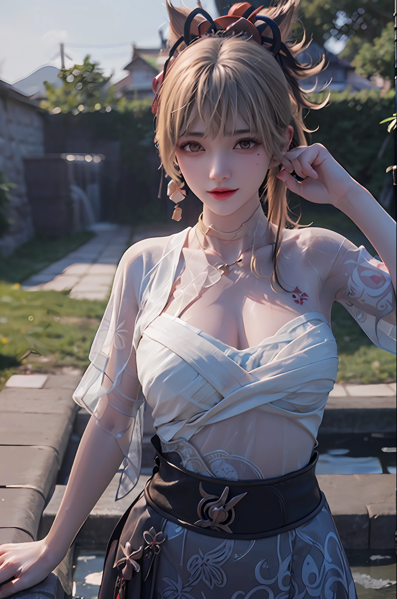 delicated best quality ,masterpiece, illustration, an extremely delicate and beautiful, extremely detailed ,CG ,unity ,8k wallpaper, Amazing, finely detail, masterpiece,best quality,official art,extremely detailed CG unity 8k wallpaper,absurdres, incredibly absurdres, huge filesize , ultra-detailed, highres, extremely detailed,beautiful detailed girl, extremely detailed eyes and face, beautiful detailed eyes,light on face,1girl, ((yoimiya/genshin impact), (Super realistic), (((blond hair))), (high ponytail), (yellow eyes), (tattoo), ((jewelry)), (slave necklace), (((describe the arm in detail))), (((Super boobs))), ((Big ass)), ((thighs)), ((Plump body)), (Big breasts), ((Plump boobs)),, (detailed description of hair), (ruby necklace), (gem earrings),
((upper body)), (Bare shoulder), ((collarbone)), ((offshoulder)), (Shiny skin), (detailed description of face), (detailed description of body), (white and translucent skin), peerless beauty, (extreme beauty), (red lips), (shy ), ( smile), ((facing the viewer)), ((facing)), ((Japanese clothes)), (sarashi), (((kimono))), ((Japanese hot spring)), the water surface is reflective, (any pose), (((soaked))), ((Soak your feet in the Water)), ((There is a lot of water on the body))