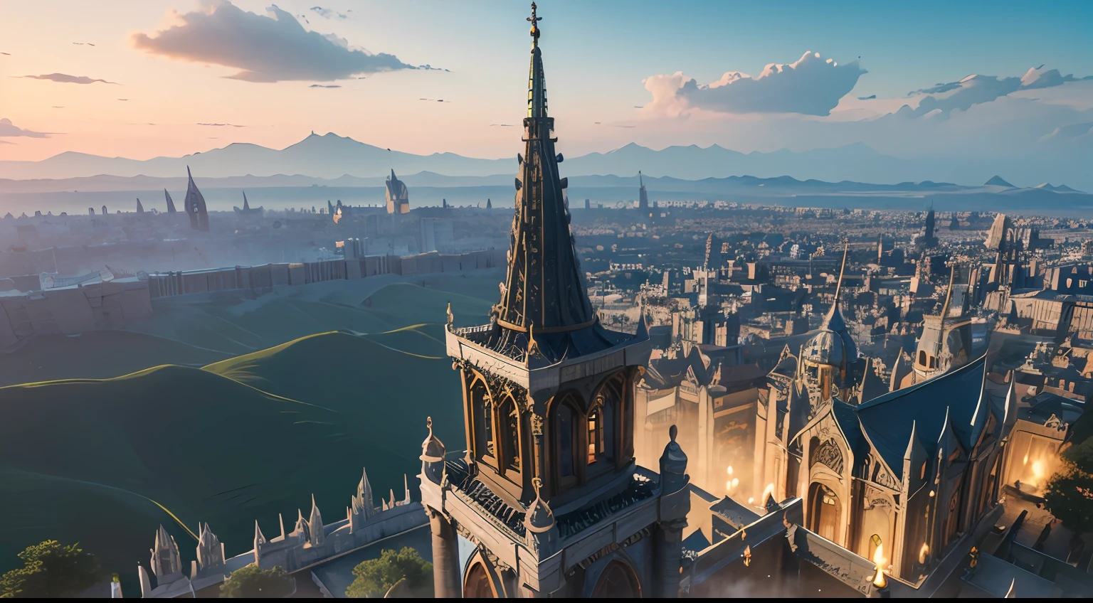 high details, best quality, 8k, [ultra detailed], masterpiece, best quality, (extremely detailed), ultra wide shot, RAW, photorealistic, fantasy art, dnd art, rpg art, a picture of a fantasy big city (1.6 intricate details, Masterpiece, best quality) , with a temple (1.5 intricate details, Masterpiece, best quality), magical tower (1.6 intricate details, Masterpiece, best quality), city walls (1.6 intricate details, Masterpiece, best quality), towers, [[complete buildings]] view, a view from above, day light, clouds, divine light, sun light, sun rays, 3d rendering