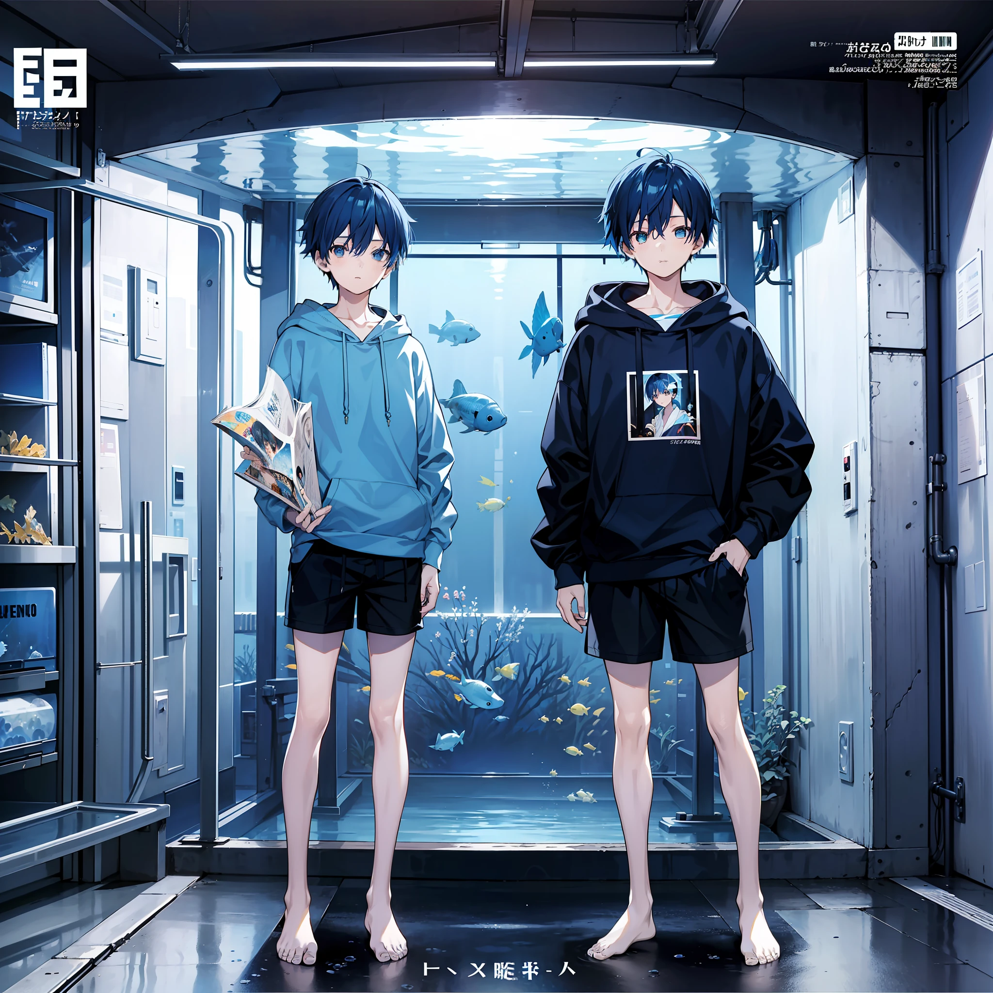 masterpiece, best quality, full body, (1boy), (blue hoodie), (Boy Messy Japanese Round Haircut for Thick Hair), (blue hair), black shorts, (solo), (magazine:1.3), (cover-style:1.3), fashionable,Under water, (tunnel aquarium)
