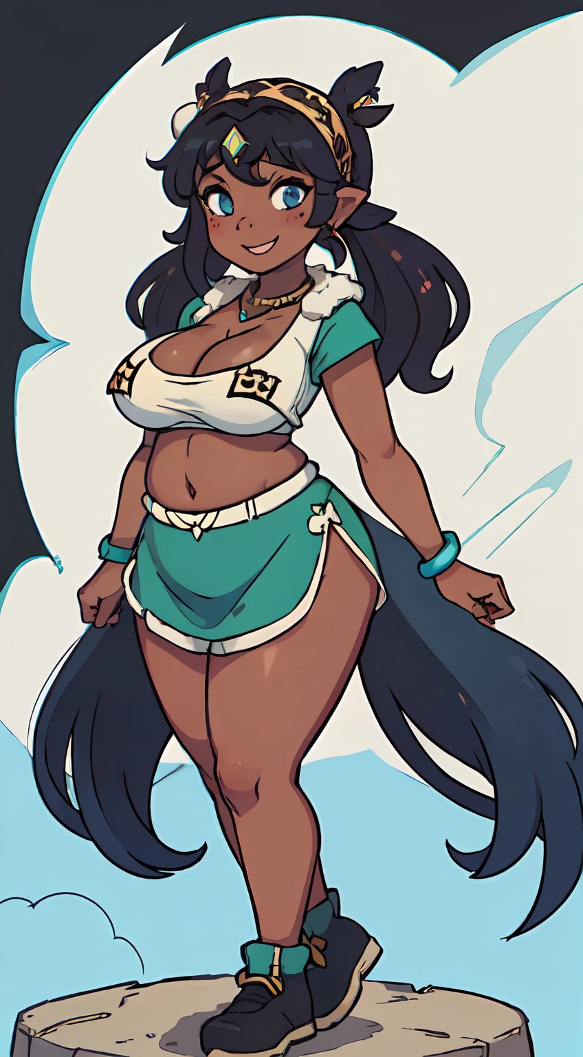 1girl, (dark skinned:1.7), goblin girl, ligth blue hair, very long hair, dark_ skin, multicolored hair, wide body, (small stature:1.5), very chubby, (huge breast:1.7), hair between eyes, twintails, wide hips, blue eyes, mole, mole on chest, age up, lips, big lips,noise, big noise, thick eyebrows, body with fur, twintails, (chubby:1.5), smile, freckles, headdress, jewelry, navel, waving, necklace, headband, midriff, hand on hip, bracer, cleavage, ;d, hair ornament, toeless footwear, traditional clothes sky background