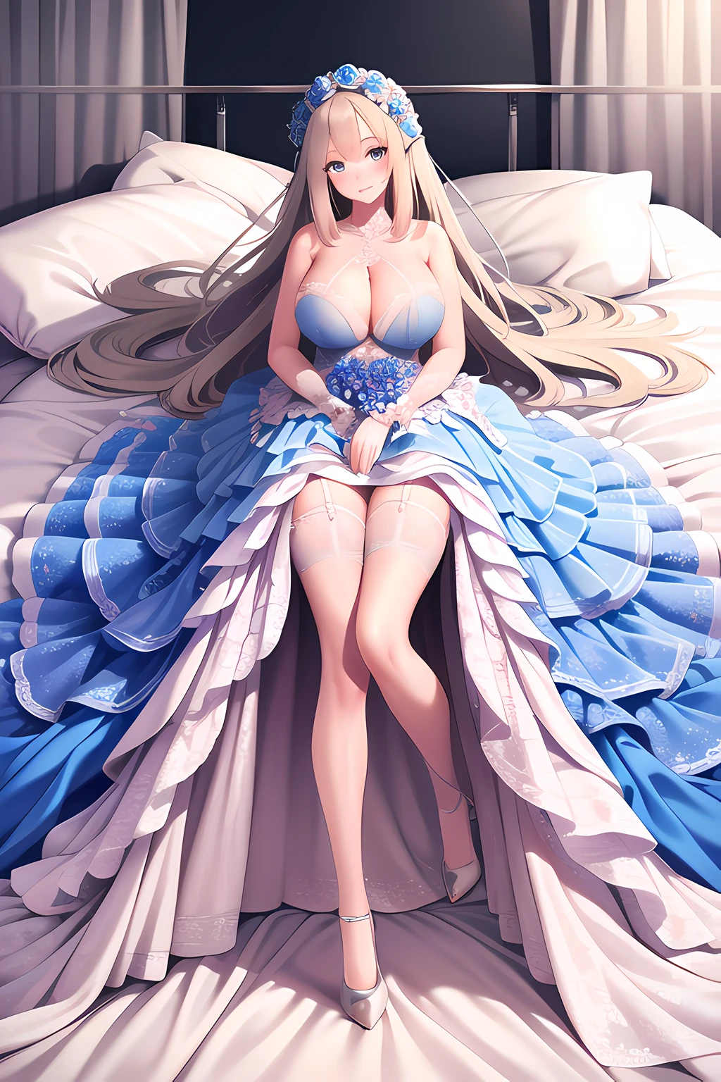 lexington (warship girls r), ((Masterpiece)), (((Best quality))), ((Ultra-detailed)), ((illustration)), ((Disheveled hair)), ((frilld)), (1 girl), (Solo), anthropomorphization , knee bend, Blonde hair , Blue eyes, blueflower , Blue rose, Blush, Braid , Breasts , choker necklace, cleavage , Clothing, dress, Female, Female only, flower , Footwear , a garter belt, mitts, hair flower, hair adornments, halter dress, High heels , Large breasts , legwear , Lingerie , Long hair , view the viewer, Rose, shoes , Sitting , Smile, Strap, upper legs , Thighs , hair tying , Very long hair, White dress , White footwear , white legwear, (Trailing wedding dress:1.2),