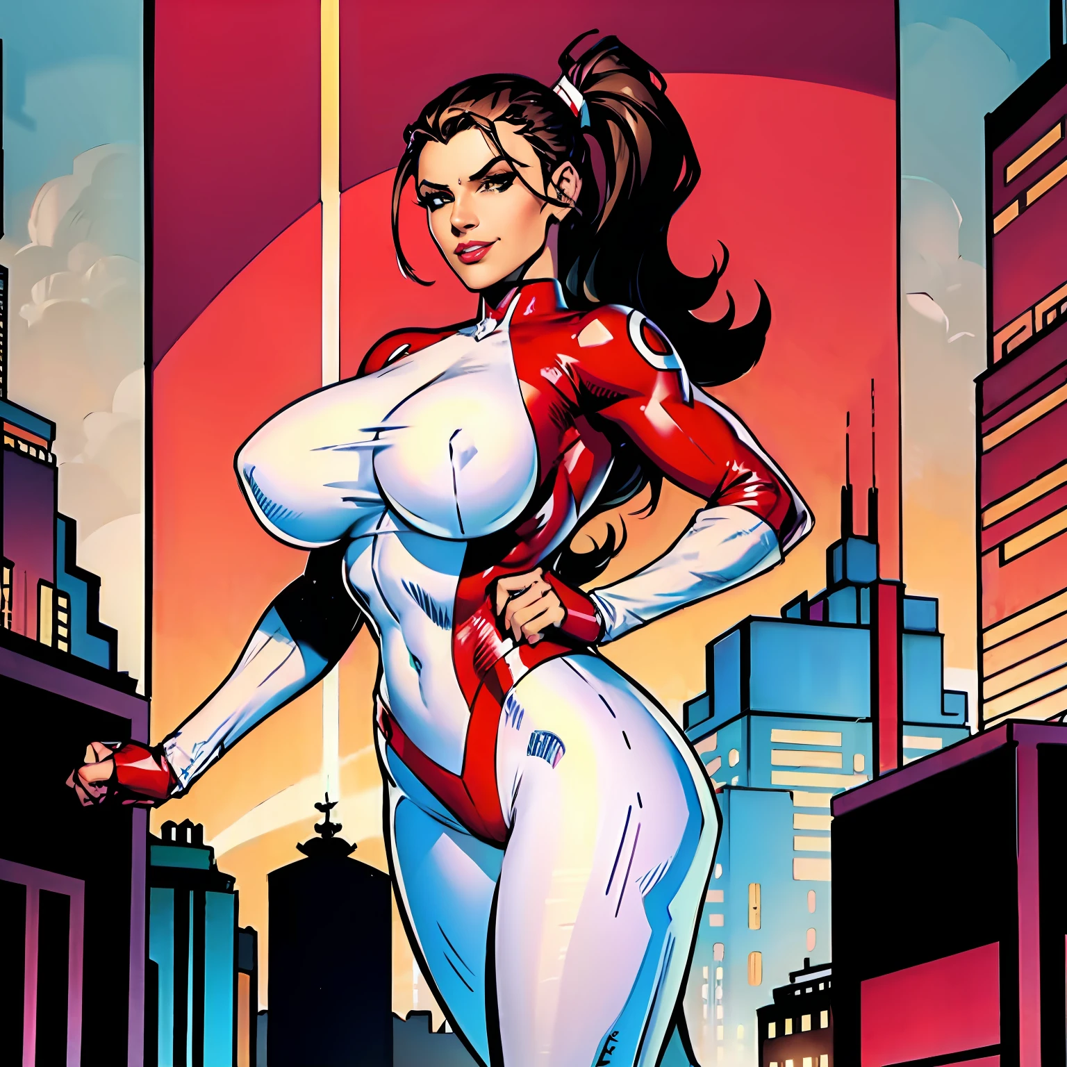 1girl, sexy pose, posing for cameras, hands on hips, Stretcher the busty comic book woman, happy, smiling, stretching, hand on hip, long hair, huge ponytail, slim, thin, athletic, womanly, rubbery, elastic woman, (white and red spandex), rubber body, brunette, ((huge breasts)), city, heroic, cheerful, (bold nose, hawkish facial features),