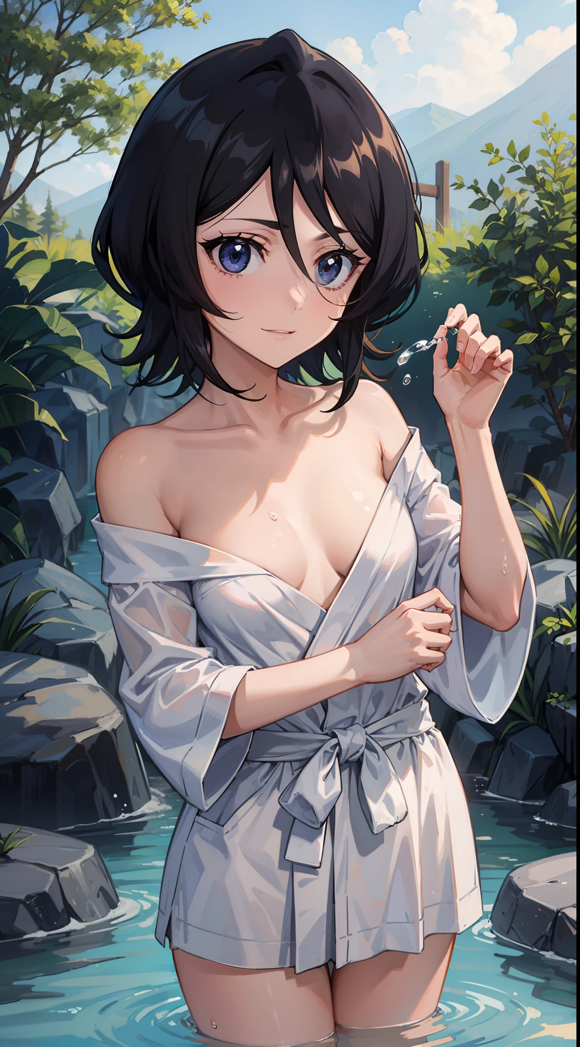 Off-the-shoulder attire，looks into camera，The upper part of the body，Black color hair，ssmile，hot onsen，Half of the body is in water，perspire，white bathrobe，sportrait，thermography