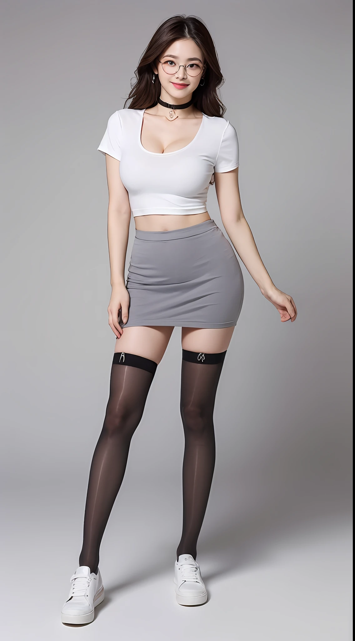 ((midnight, Need, 8K, tmasterpiece:1.3)), Full body like,Whole body, Long legs, Focalors:1.2, Plump body,perfect figure beautiful woman:1.4,((Dark brown hair, huge tit:1.2 )), (Low-cut white T-shirt, Skinny white T-shirt,deep v big breasts,Low-cut black stockings,cleavage,Superskirt,White canvas shoes), ((Plain gray background)), crowd of,Highly detailed facial and skin texture, A detailed eye, 二重まぶた,wears glasses,crisp breasts,Smile with,Bigger breasts, Wavy hair,crisp breasts,Get wet,Sweat profusely,wearing a choker,Wear earrings,wears a watch,Redlip,lower back,leges,slenderlegs,Long legs,long leges,full bodyesbian