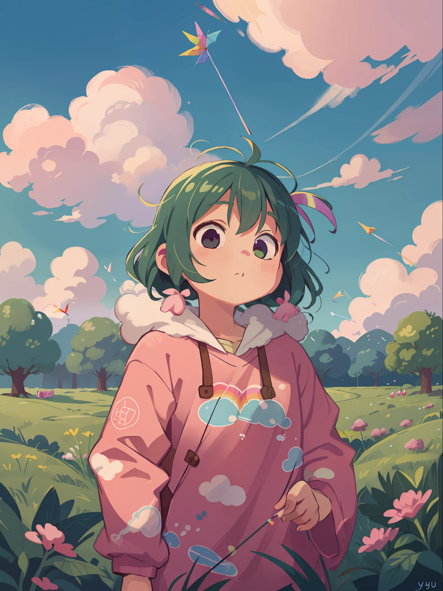 cartoon pig playing a kite in a field with clouds and trees, fluffy pink anime clouds, cotton candy clouds, background art, dreamy psychedelic anime, fancy clouds, fluffy pastel clouds, anime clouds, colorful clouds, rainbow sheep like cotton candy, anime background, lofi art, anime yuru camp, beautifull puffy clouds. anime, dreamy clouds, fantasy puffy sky
