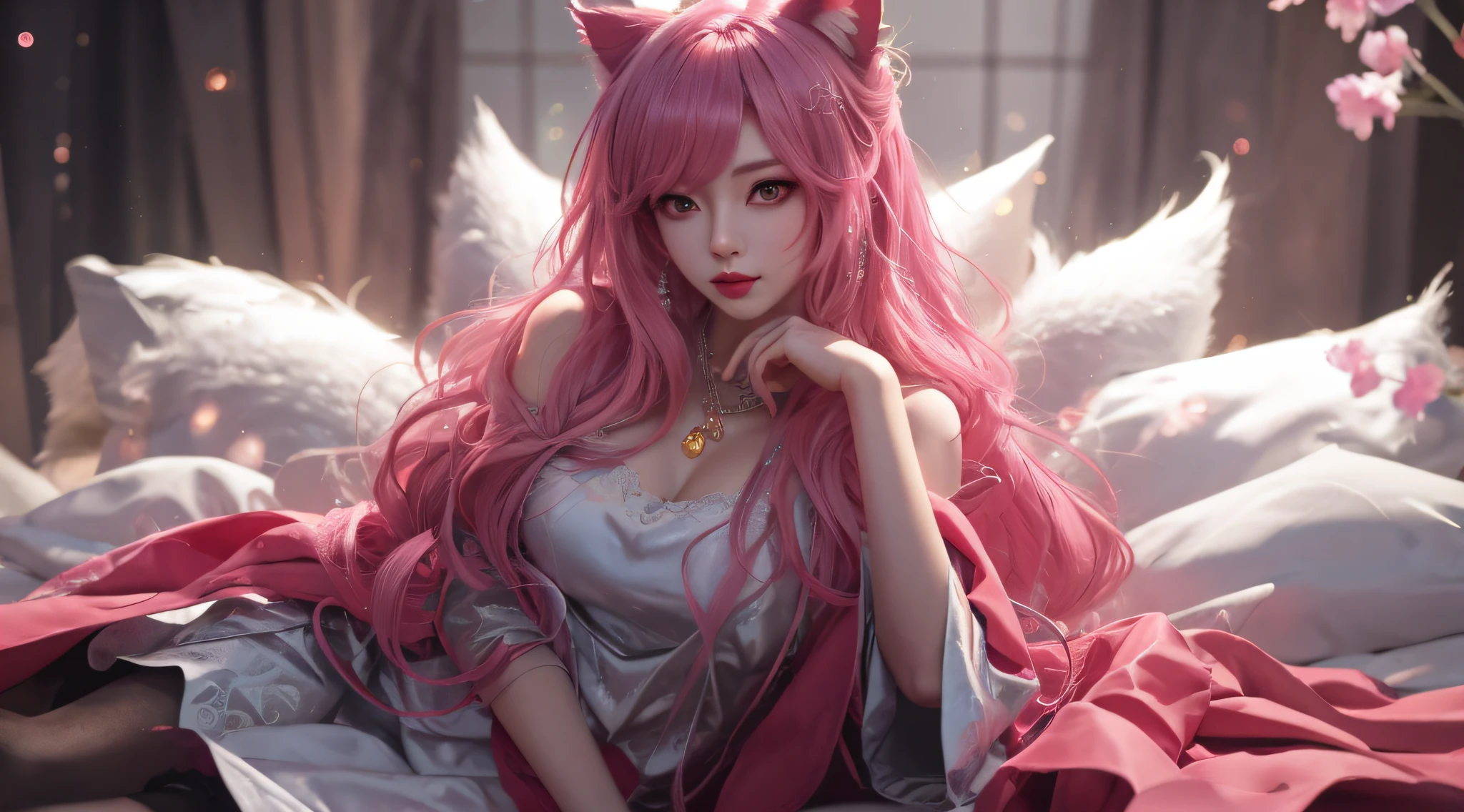 Anime girl sitting on bed，Pink hair and white dress, portrait of ahri, ahri, beautiful anime catgirl, Very beautiful anime cat girl, Guviz, 8K high quality detailed art, style of anime4 K, ahri from league of legend, Guviz-style artwork, Anime art wallpaper 8 K