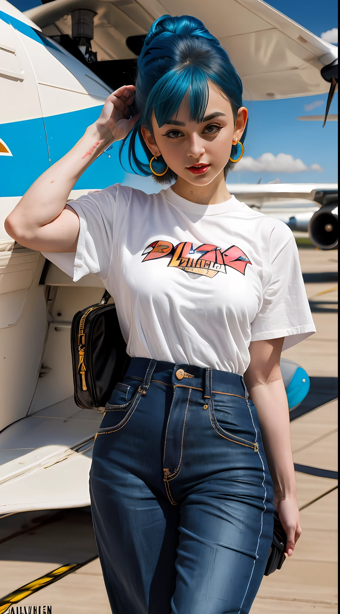 obra maestra, mejor calidad, 4k, ((al estilo de Gil Elvgren o Alberto Vargas)), ((Bulma de DBZ,))red lipstik, lunares, Moda vintage, Pantalones cortos de cintura alta, Tapa recortada, cabello azul ondulado, prop plane in the background.