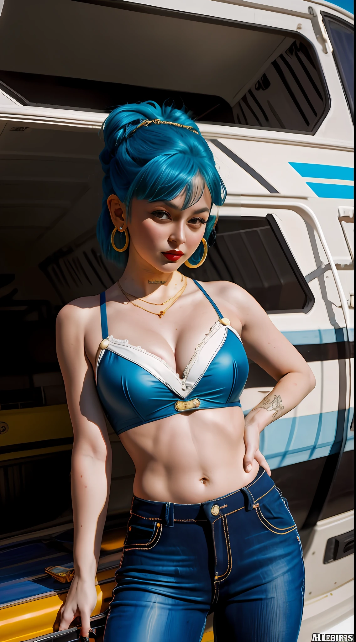obra maestra, mejor calidad, 4k, ((al estilo de Gil Elvgren o Alberto Vargas)), ((Bulma de DBZ,))red lipstik, lunares, Moda vintage, Pantalones cortos de cintura alta, Tapa recortada, cabello azul ondulado, prop plane in the background.