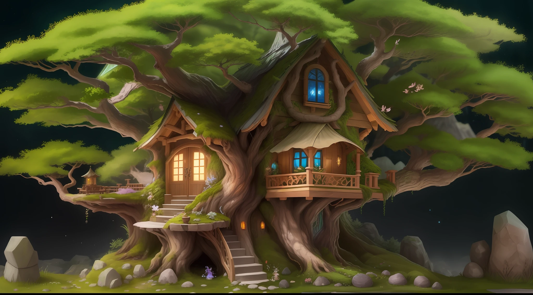 The tree々Hiding between、Located in a shining little clearing, the fairy house is built of stone and leaves.、It features a beautiful design that harmonizes with nature。The roof is decorated with green or gold moss、Integrated with the surroundings。The house has delicate windows and doors.、Finely carved。Inside there are shining crystals and small grains of light.、The atmosphere of fairy magic is spreading。Magic flowers around々Yagi々Blooming、Strange and beautiful creatures are happily playing around。"