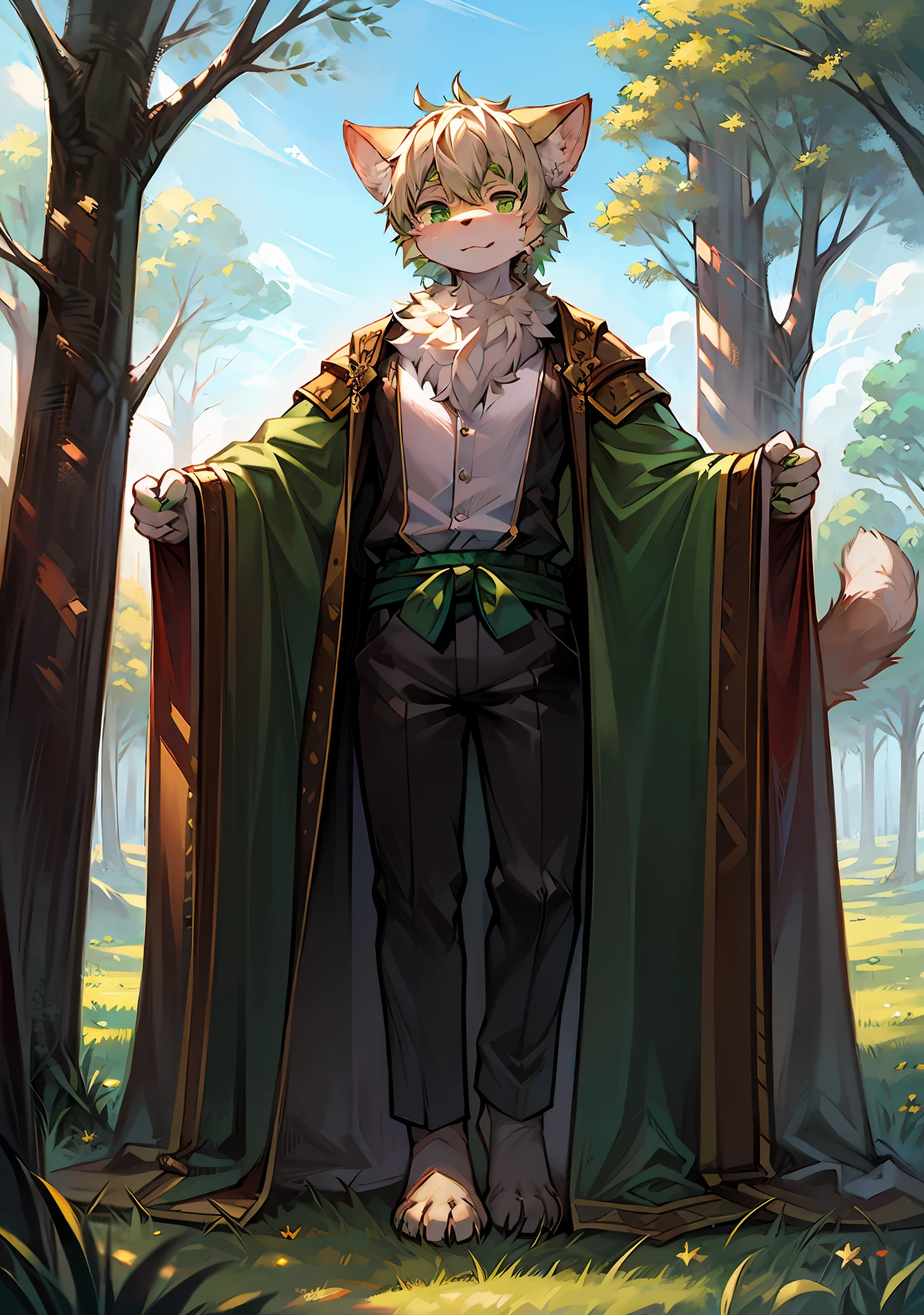 Masterpiece,High quality,abstract res,Digital painting\(artwork of a\), author:BrukkiGunar, Yupa,Kiyosan,(anthro,Fluffy fur,Character focus:1.1),anthro male cat,Portrait , eyes with brightness, in a panoramic view, Character focus.(detailedbackground:0.7), 独奏, shaggy, shaggy male, Majesty,apathy,Handsome,malefocus, Robust,Strong anthrax(Full Body Furry, It has a fluffy tail,With a green pattern, White fur, Dark green eyes), (Long felines、moth、White feathers、Dark green ears、Beige tail、Green pattern、Beige hair、Manteau:1.2),(External、In the daytime、Dense grass、Low tree、clear skies、grassy fields)