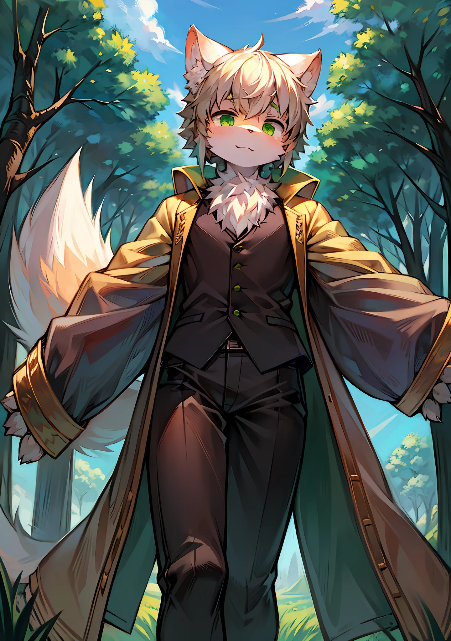 Masterpiece,High quality,abstract res,Digital painting\(artwork of a\), author:BrukkiGunar, Yupa,Kiyosan,(anthro,Fluffy fur,Character focus:1.1),anthro male cat,Portrait , eyes with brightness, in a panoramic view, Character focus.(detailedbackground:0.7), 独奏, shaggy, shaggy male, Majesty,apathy,Handsome,malefocus, Robust,Strong anthrax(Full Body Furry, It has a fluffy tail,With a green pattern, White fur, Dark green eyes), (Long felines、moth、White feathers、Dark green ears、Beige tail、Green pattern、Beige hair、Manteau:1.2),(External、In the daytime、Dense grass、Low tree、clear skies、grassy fields)