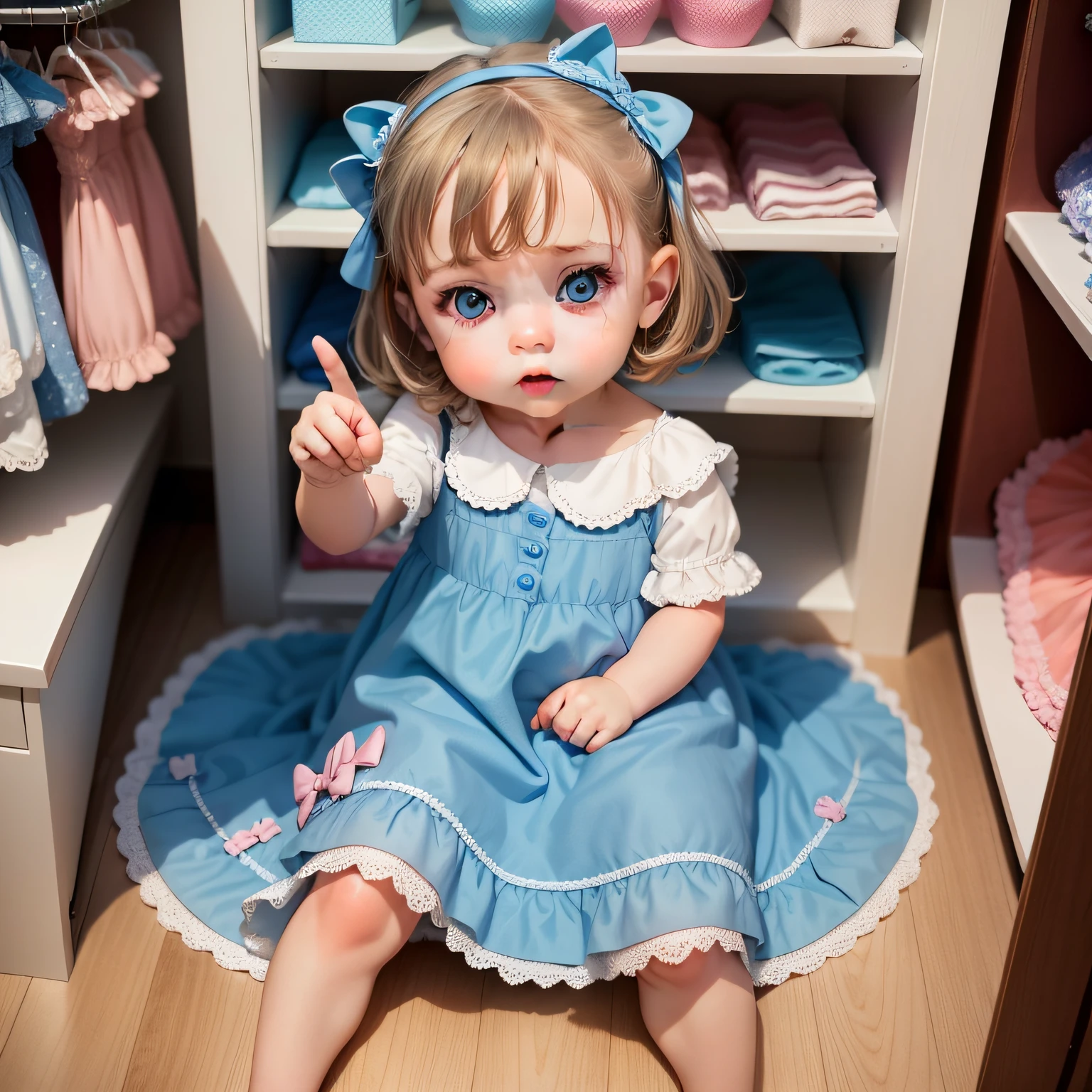 Blue-eyed 10-month-old baby in a princess dress sitting on the floor of a store looking and pointing his finger at a shelf full of clothes. Existem sacolas de compras ao lado dele