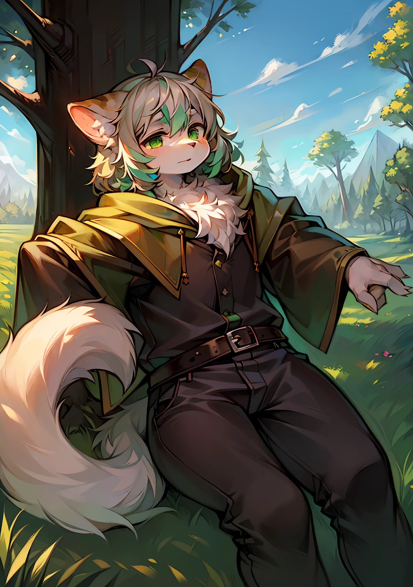 Masterpiece,High quality,abstract res,Digital painting\(artwork of a\), author:BrukkiGunar, Yupa,Kiyosan,(anthro,Fluffy fur,Character focus:1.1),anthro male cat,Portrait , eyes with brightness, in a panoramic view, Character focus.(detailedbackground:0.7), 独奏, shaggy, shaggy male, Majesty,apathy,Handsome,malefocus, Robust,Strong anthrax(Full Body Furry, It has a fluffy tail,With a green pattern, White fur, Dark green eyes), (Long felines、moth、White feathers、Dark green ears、Beige tail、Green pattern、Beige hair、Manteau:1.2),(External、In the daytime、Dense grass、Low tree、clear skies、grassy fields)