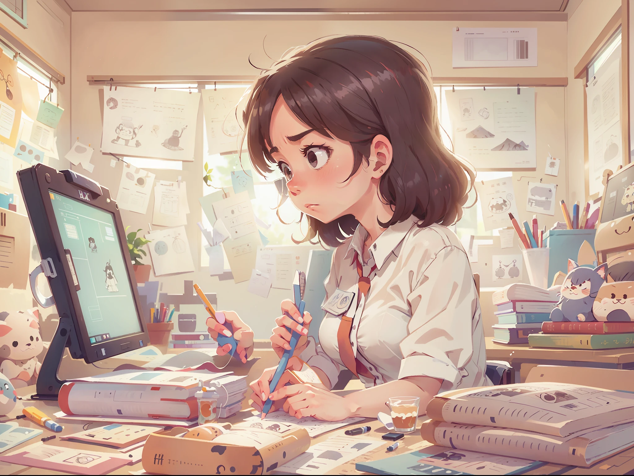 A female teacher sits at a desk marking homework, Frowning, Wear a white shirt, The room was full of drawings, Minimalism, blind box toy style, Ghibli-like colours, anime style, anime style, column lineup, multiple views, blurry foreground, super detail, best quality