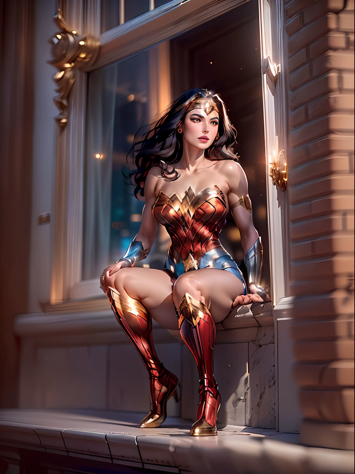 (Masterpiece, high resolucion, Realistis:1.4), (It depicts a stunning Wonder Woman leaning against a window on the top floor of the building:1.3), (Her face was basking in the warm sunshine, With the wind, She gently shook her flowing dark hair:1.2), (Her eyes are an alluring blue, It sparkles intensely:1.4), (Her flawless skin-radiating beauty:1.3), (Her body exudes charm and perfection, wearing a wonder woman costume:1.2), tiara, red and gold bustier, blue leotard with white stars, silver bracelets, (Red knee high boots:1.2), golden belt, (Wonder Woman clothing:1.0), bare shoulder, ((light tan skin: 1.4)), mature, Sexy, elastic muscles, (Muscular: 1.2), ((strong and healthy body)), (((the more) Muscular))), cleavage, Long leg, curved, rib, thin-waist, soft waist, (fine detailed skin), (beautiful and sexy woman), (swollen lips: 0.9), (eyeslashes: 1.2), very delicate muscles, (Canon EOS R5 Mirrorless Camera:1.3), (Pairing with Canon RF 85mm f/1.2L USM lens:1.3), (Capture every detail of her captivating presence:1.2), (Hotel room settings with panoramic cityscapes:1.3), (Floor-to-ceiling windows let in plenty of natural light.:1.2), (silky, The modern interior design adds to the charm:1.1), (Enchanting photo of a model with the most symmetrical and beautiful face in the world:1.4)