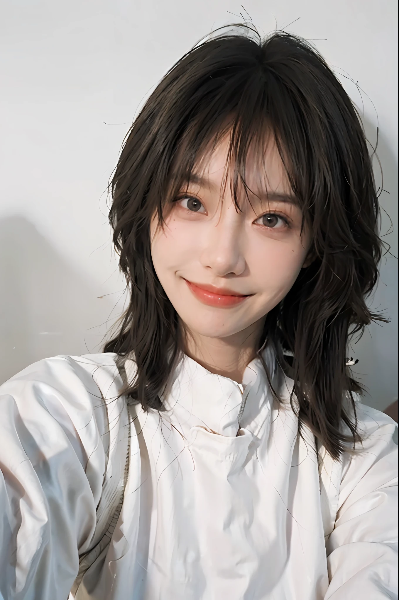 Best quality,Masterpiece,超高分辨率,(Photorealistic:1.4),RAW photo,(Authentic skin texture:1.3),,(filmgrain:1.3),(Selfie angle),1girll,,Beautiful detailed eyes and face,Masterpiece,Best quality,Close-up，The upper part of the body,high-necksweater，white background，grin