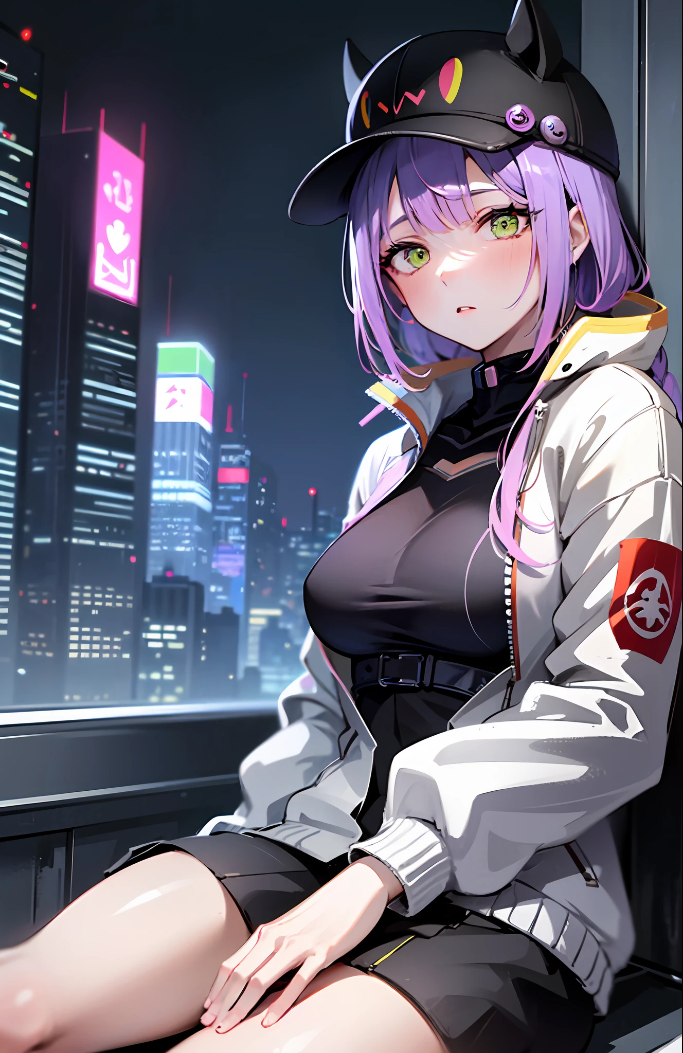 illustrating Tokoyami Towa in a cyberpunk setting of a futuristic city, sitting on the rooftop of a tall building with an amazing view of the city. I will dress her in traditional Japanese clothing with a futuristic mask, and her Japanese jacket and cap will have a futuristic touch that will make her stand out in the crowd. Tokoyami Towa's eyes will be deep purple, and her expression will be a mixture of determination and rebellion. The illustration of her will be highly detailed and realistic, with lighting effects that will make you feel like you are right there on the rooftop next to her.