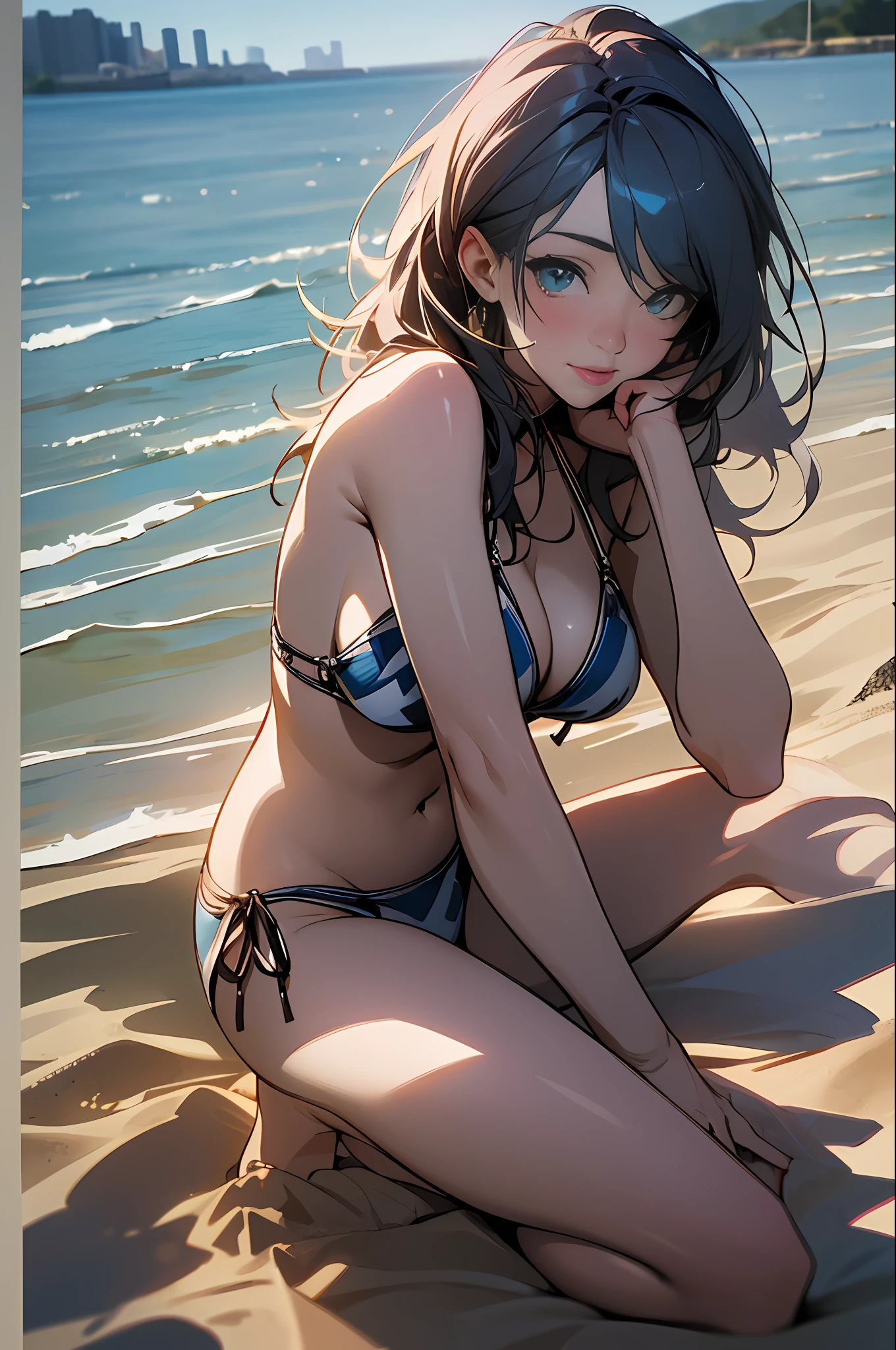 Photographic portrait of beautiful women, Sony α7, 35mm lens, F1.8、Radiant_rhythmic, realistic bikini, Beautiful woman, Beautiful Girl, Beautiful seaside, attractive girl, Realistic 3D Style, photo realistic render、Gravure photography、White sandy beach、on the sand、sexy  pose、Below the knee