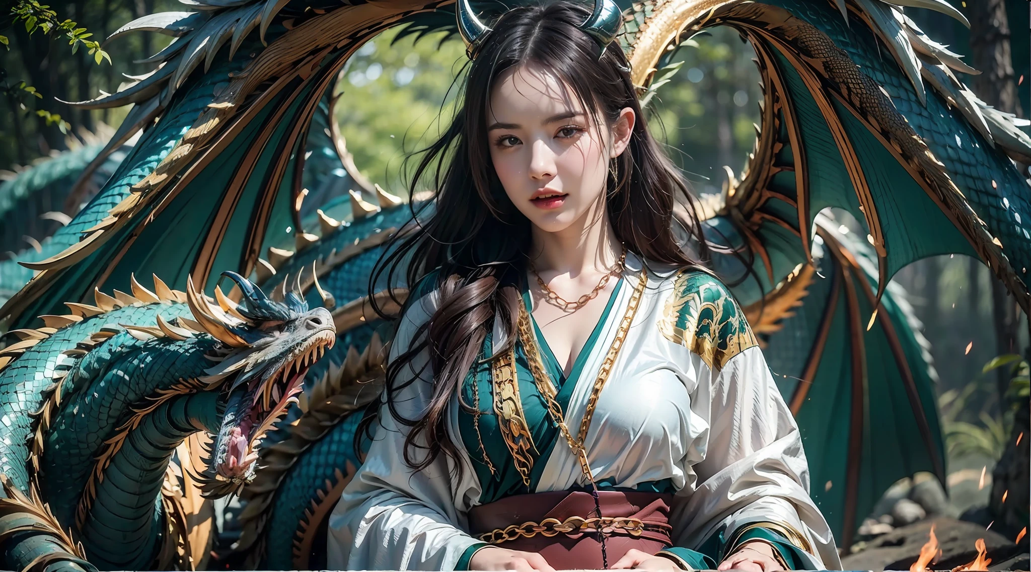 A beautiful girl with a rainbow dragon, ((girl wearing a long robe)), (wearing chain mail: 1.4), (long cloth pants: 1.2), (chain mail with dragon scale patterns), perfect facial features, delicate face, long hair, graceful, wisdom, courage, rainbow dragon, scales, horns, flames, wings, dragon claws, dragon protecting the girl, background for ancient forest, mysterious connection, protection, trust, realistic quality, realism, 8k, best quality, masterpiece, cinematic quality, high chiaroscuro, octane rendering