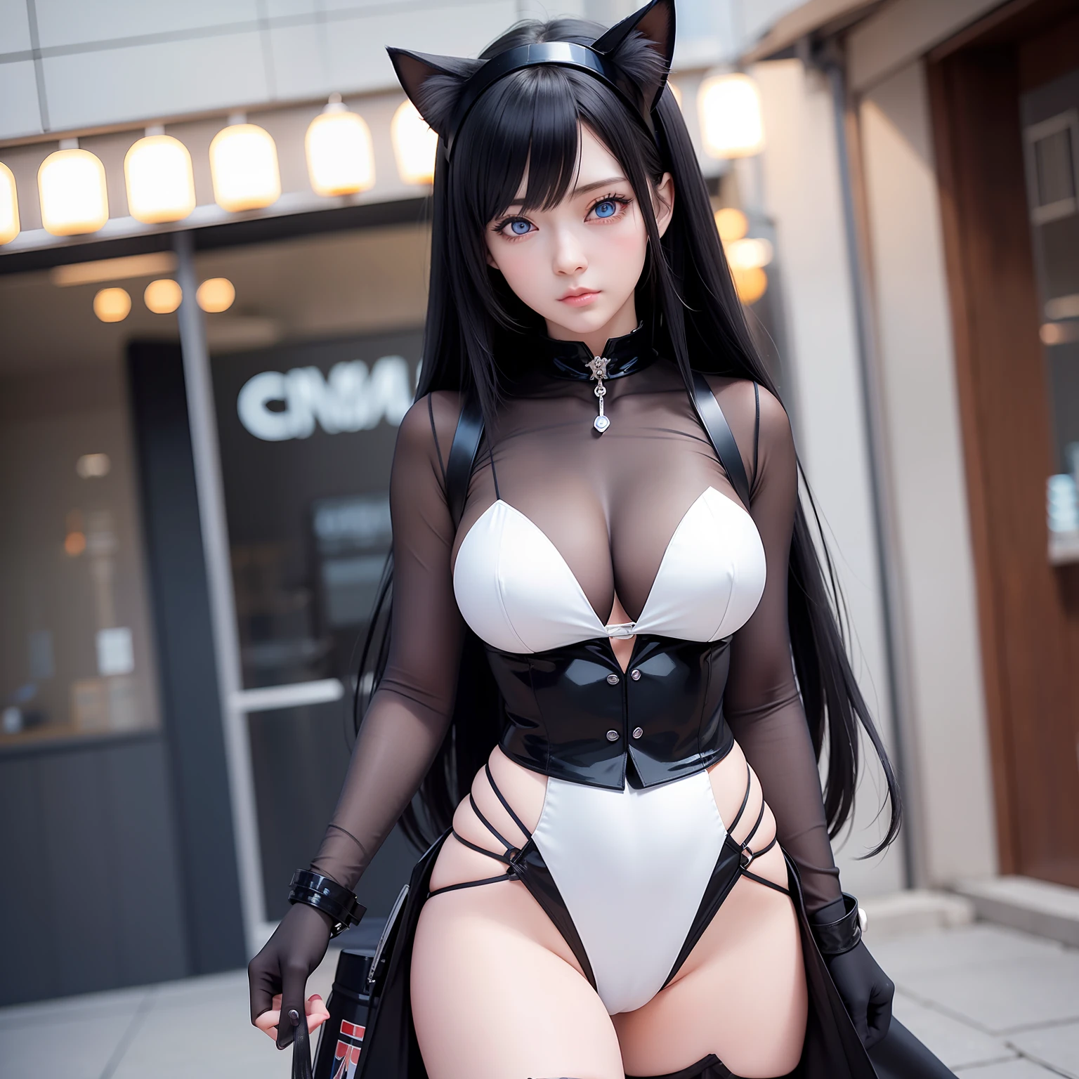 Anime girl in CATS suit with blue eyes and black hair, Seductive Anime Girl, Smooth Anime CG Art, Fine details. girls' frontline, photorealistic anime girl render, render of april, from girls frontline, render of a cute 3d anime girl, beautiful alluring anime woman, anime moe art style, She has CATS cosplay, Very detailed ArtGerm, azur lane style